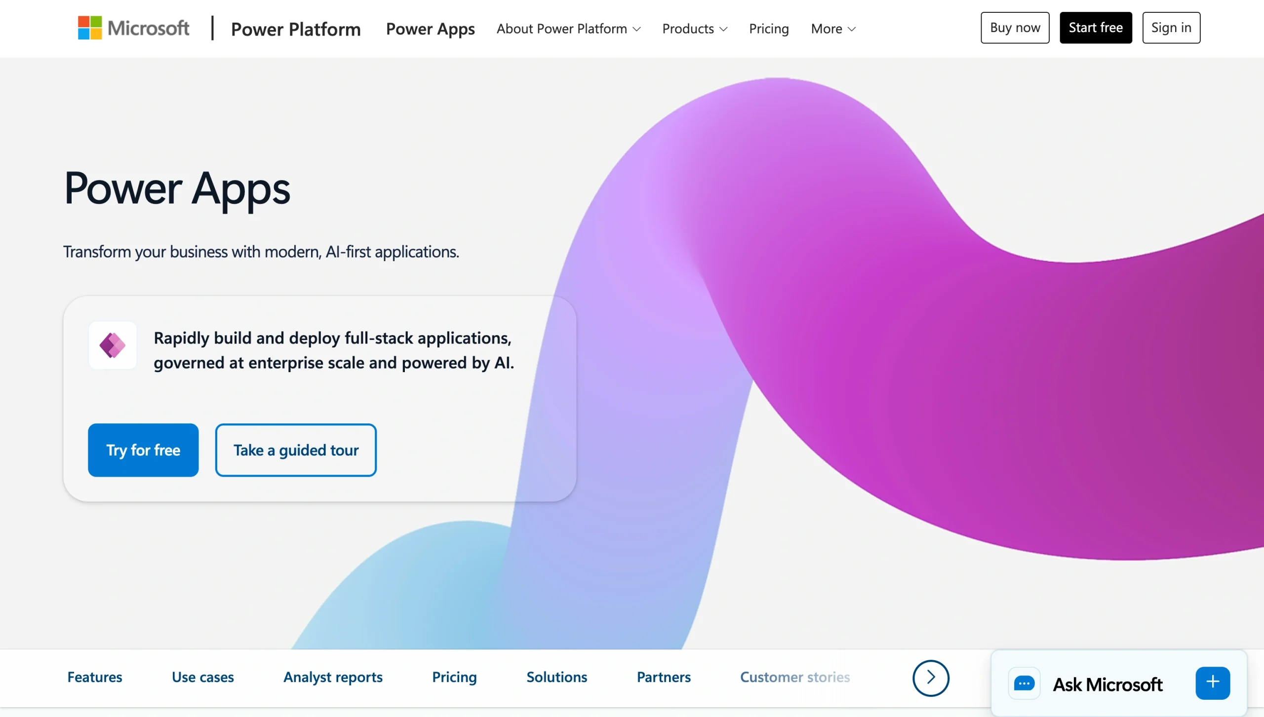 Screenshot of the Microsoft Power Apps landing page, showing a headline "Power Apps"
