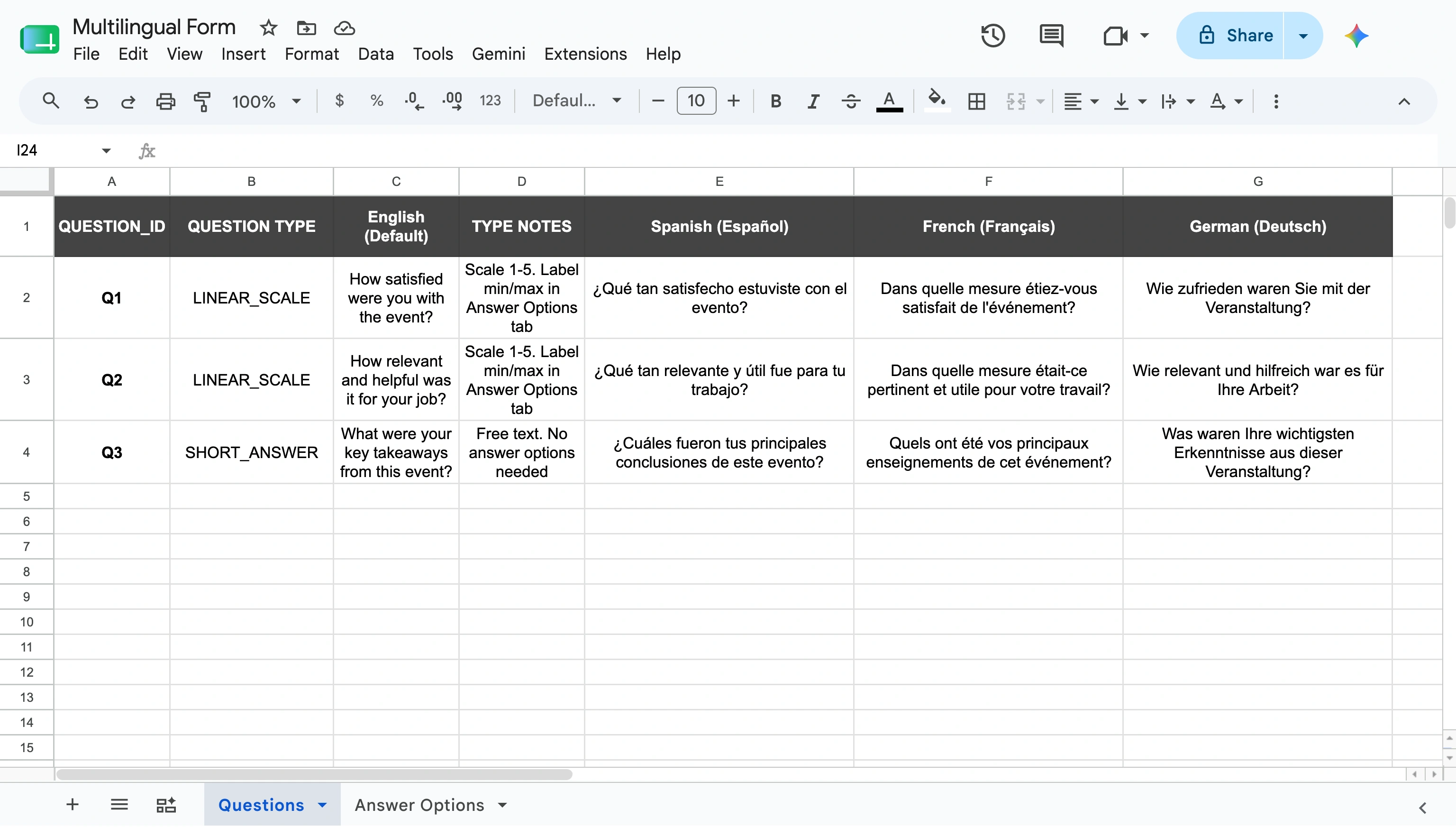 Google Sheets “Questions” tab containing question IDs, question types, English text, and translations in Spanish, French, and German