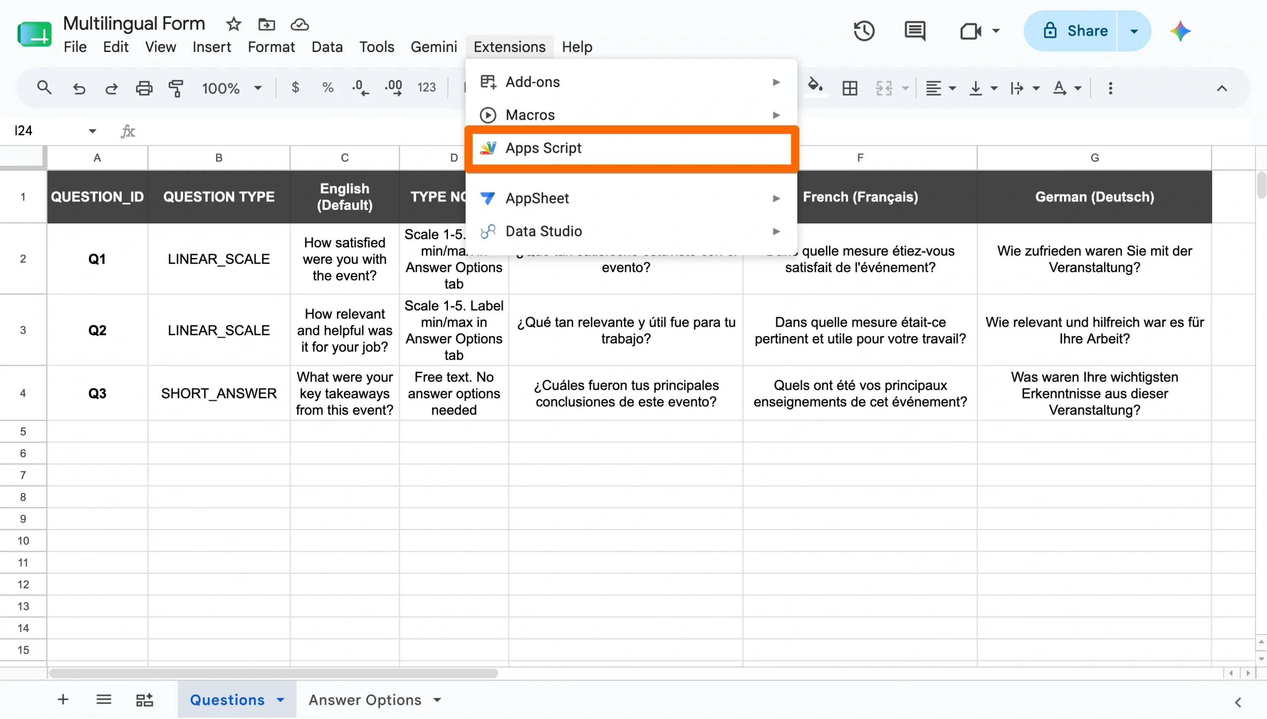 Google Sheets Extensions menu with “Apps Script” highlighted