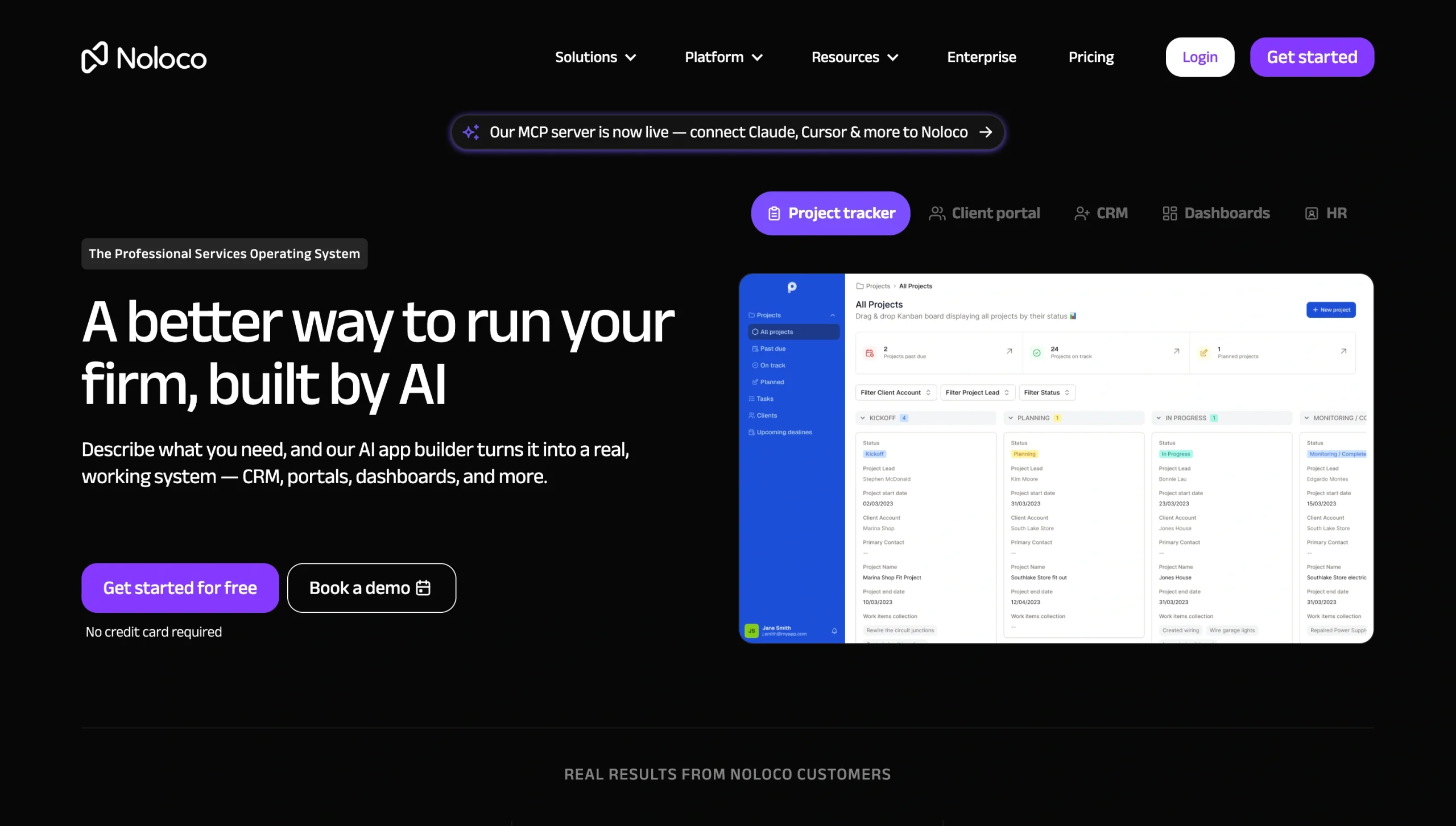 Screenshot of the Noloco landing page, showing a headline "A better way to run your firm, built by AI"