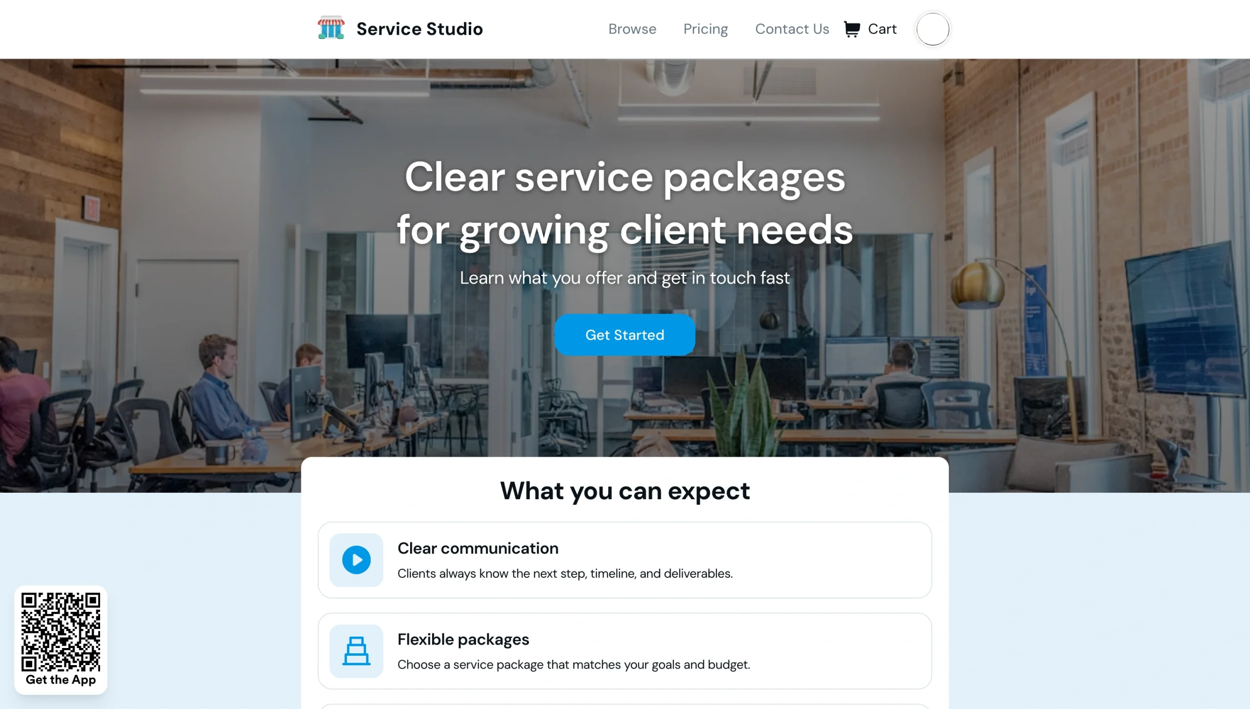 Published service website preview with a hero image, navigation menu, call-to-action button, feature cards, and QR code