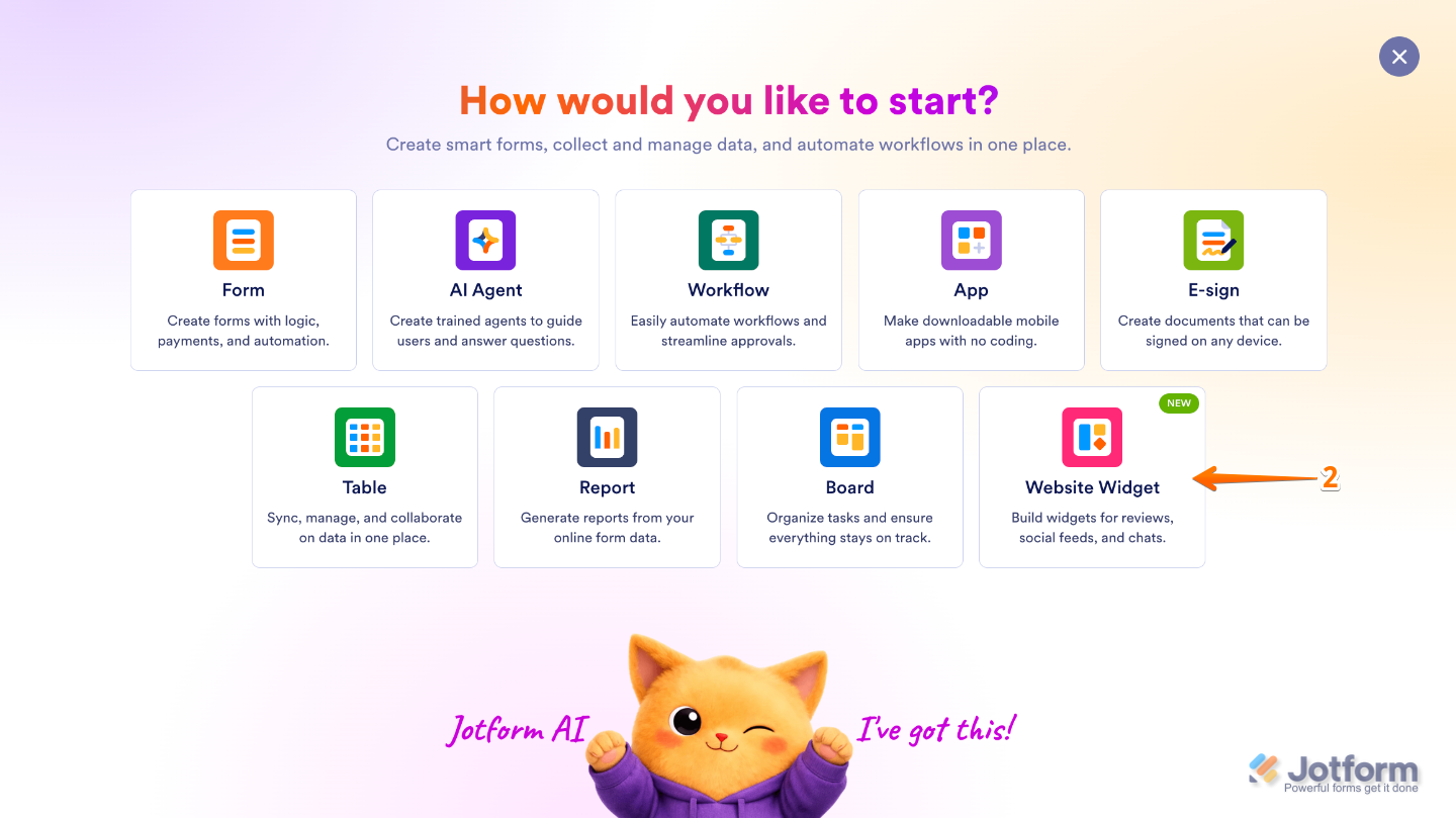 Create menu displaying the Website Widget option for creating a new website widget