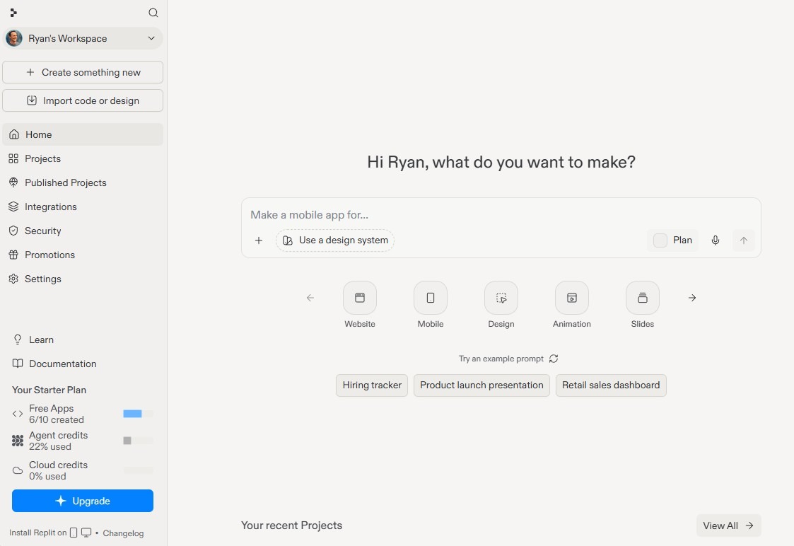 Tableau de bord d'accueil de Replit montrant une invite pour créer une nouvelle application, avec des options pour des projets de site web, mobile, design, automatisation et données