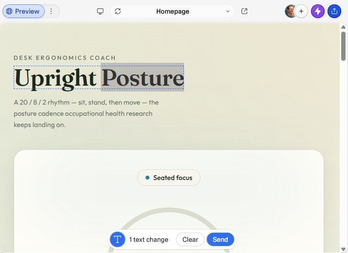 Aperçu d'application Replit montrant l'interface « Upright Posture » avec du texte sélectionné et une barre de description en ligne pour soumettre un changement de texte