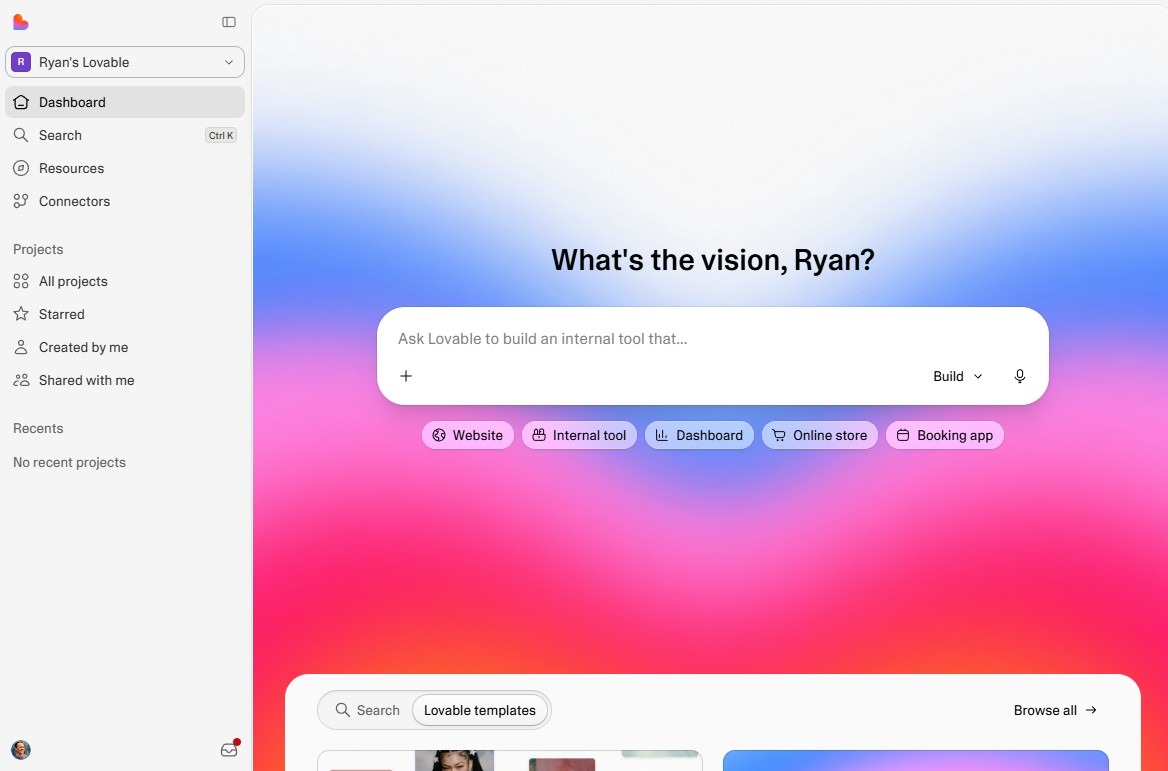 Tableau de bord d'accueil de Lovable avec un arrière-plan dégradé coloré, une invite centrale demandant « Quelle est la vision, Ryan ? », et des options de démarrage rapide pour différents types d'applications