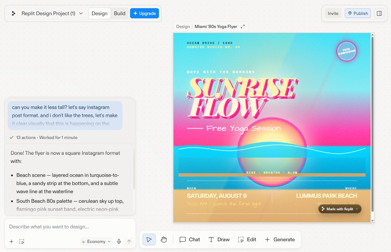 Espace de travail Replit Design montrant une affiche de yoga colorée « Sunrise Flow » à côté d'un panneau de chat avec des retours de conception générés par IA et des suggestions de modification