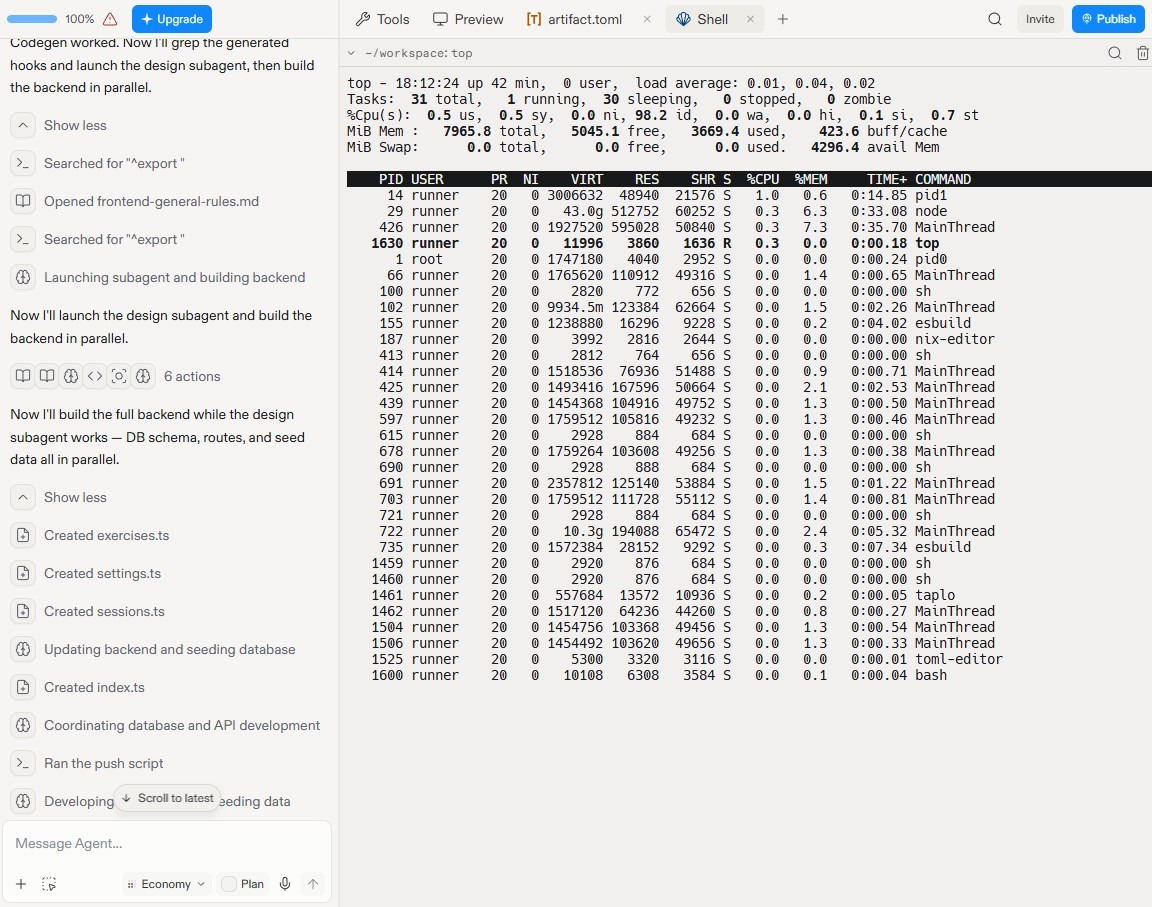 Espace de travail Replit montrant un assistant IA créant et lançant une application tandis qu'un terminal affiche les processus système actifs et l'utilisation des ressources
