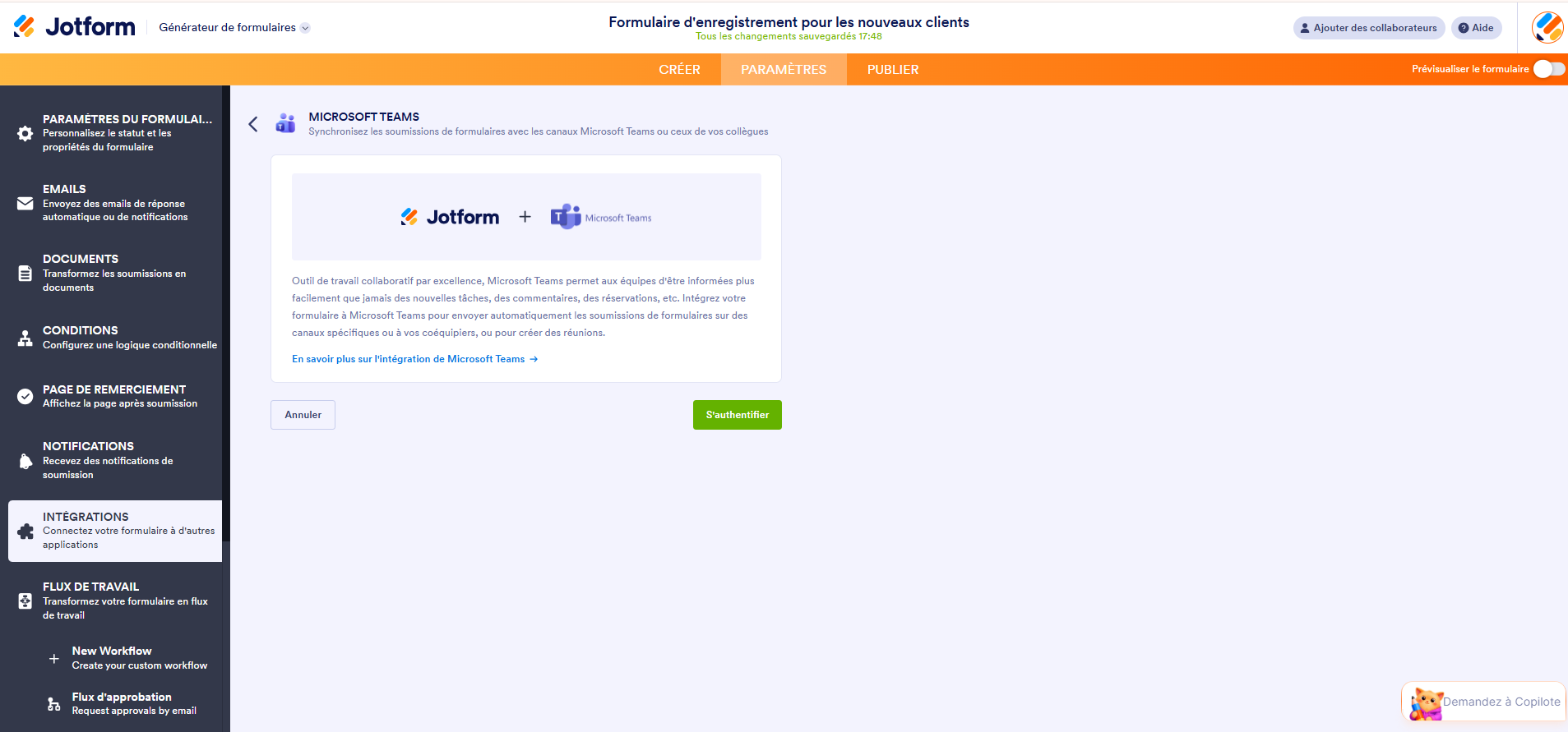 Capture d'écran de la page de l'intégration Jotform +  Microsoft Teams avec le bouton S'Authentifier