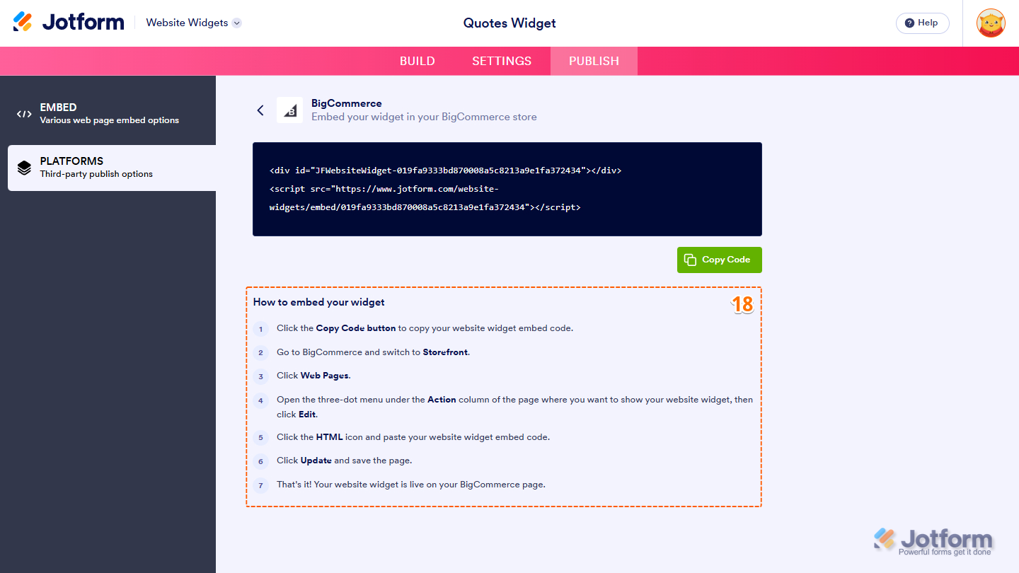 How to Embed Your Widget instructions in the Platforms section of the Publish tab of the Jotform Website Widgets builder page