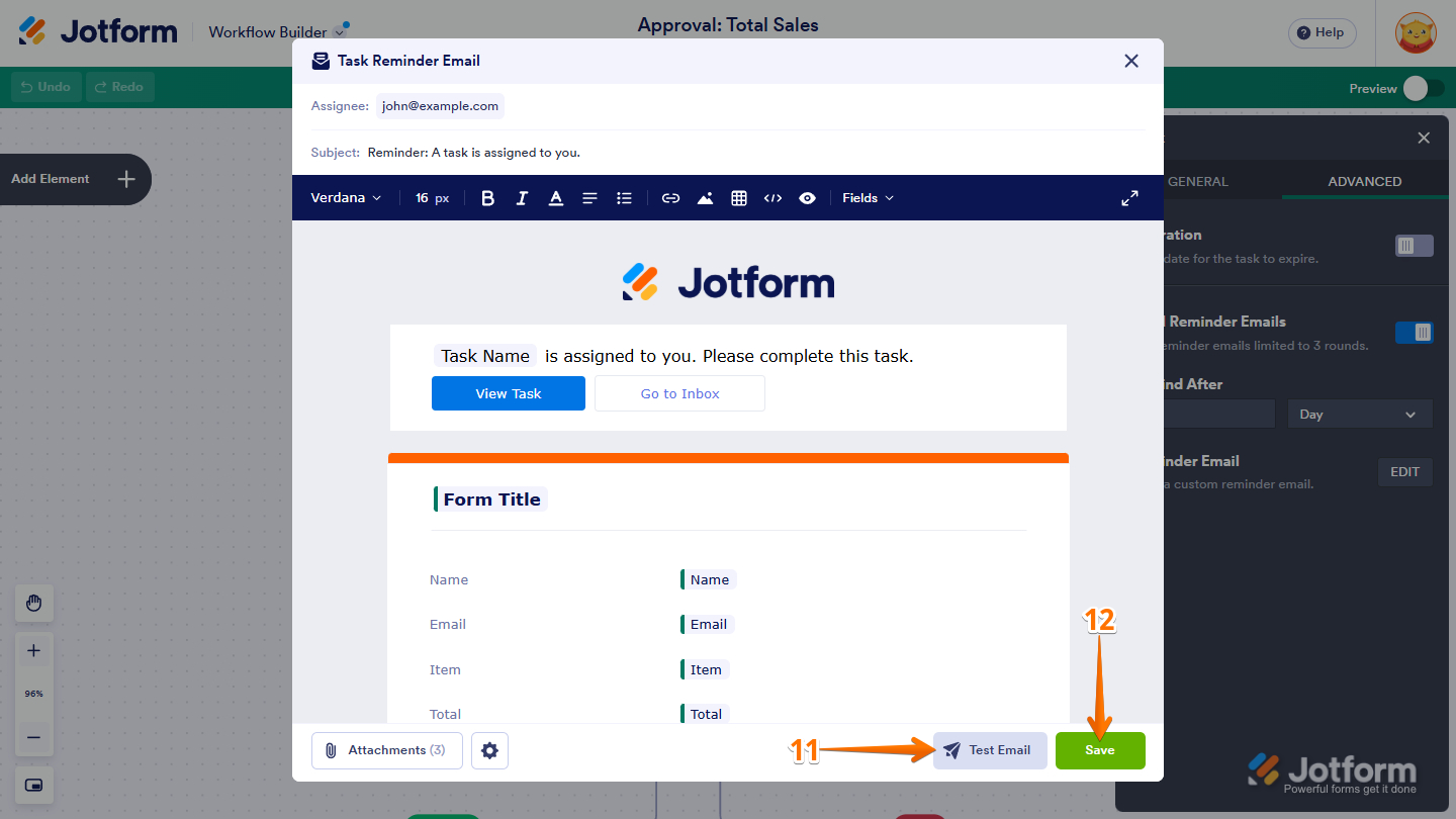 Test Email and Save buttons in the Task Reminder Email template settings