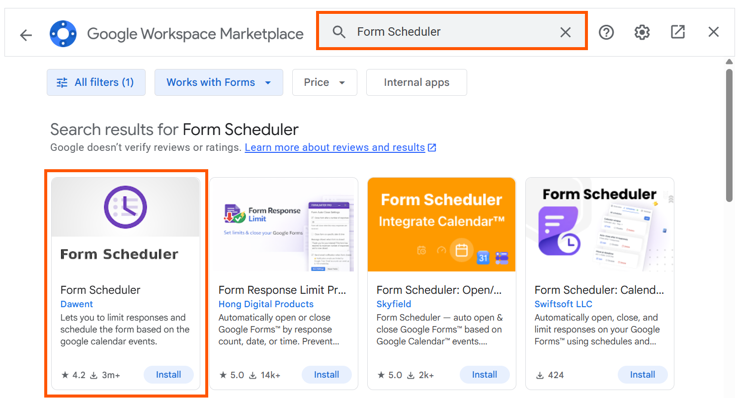Captura de tela do Google Workspace Marketplace mostrando como encontrar o Form Scheduler no Google Workspace Marketplace