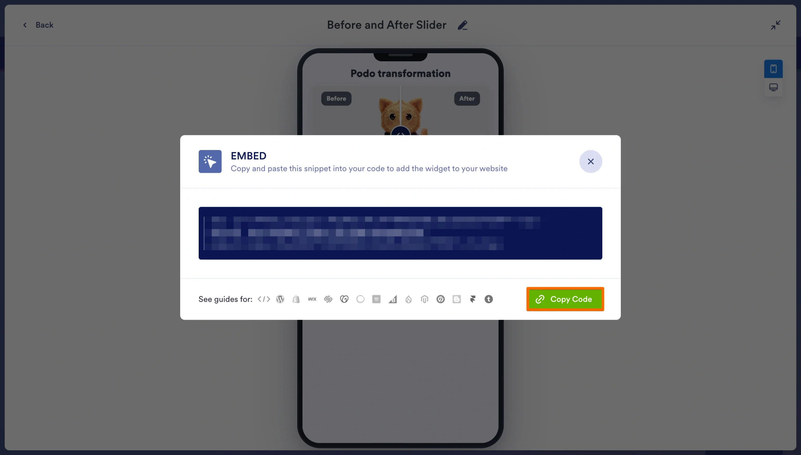 Popup del codice da incorporare per copiare il codice del Widget Slider Prima e Dopo di Jotform
