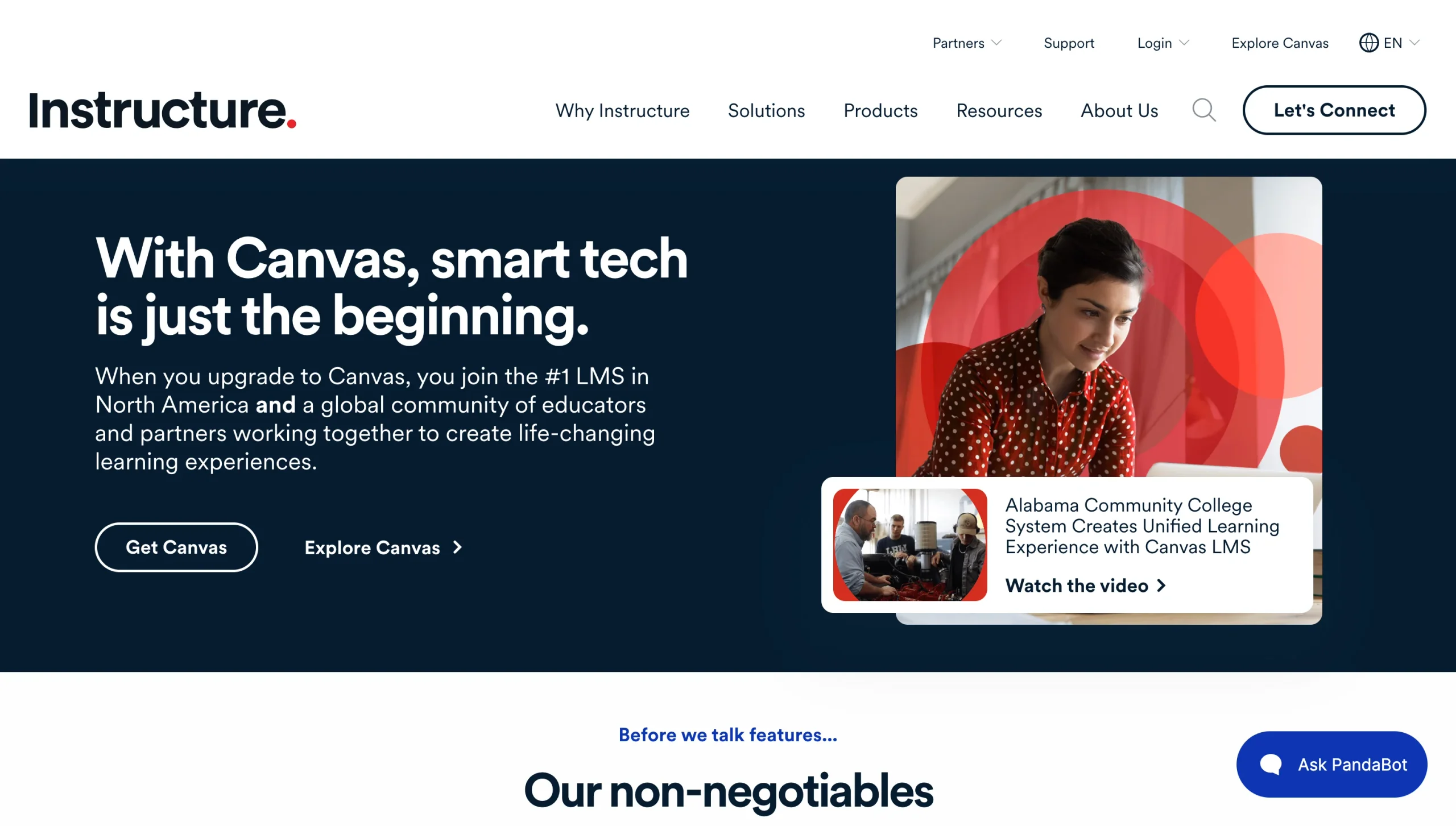Halaman utama Canvas LMS yang menyoroti platform pembelajaran dan fitur teknologi pendidikannya