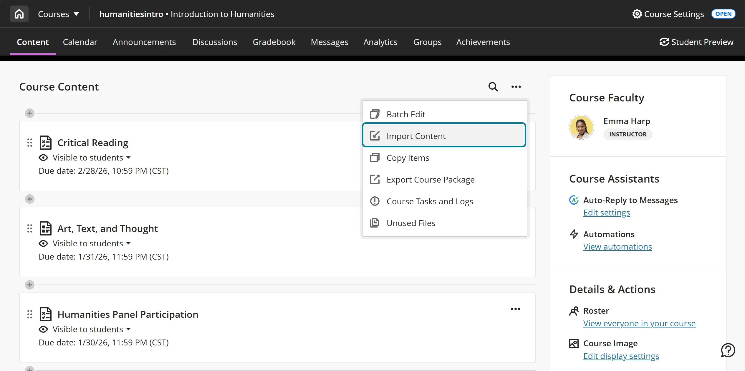 Menu konten kursus dengan opsi Import Content yang disorot, beserta daftar item kursus dan sidebar instruktur