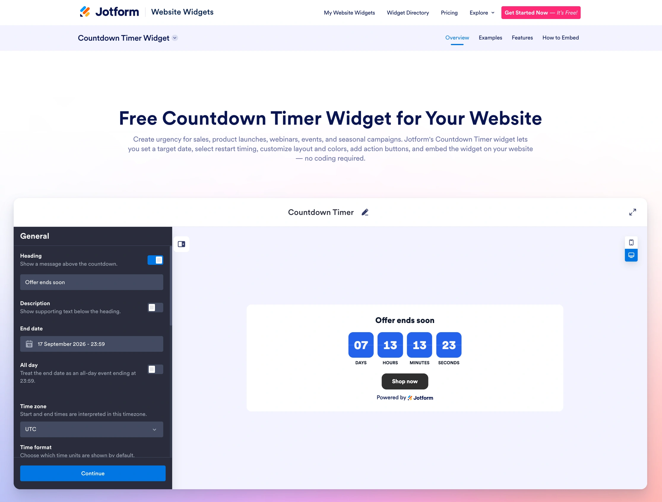 Jotform Countdown Timer widget builder with settings panel and live preview