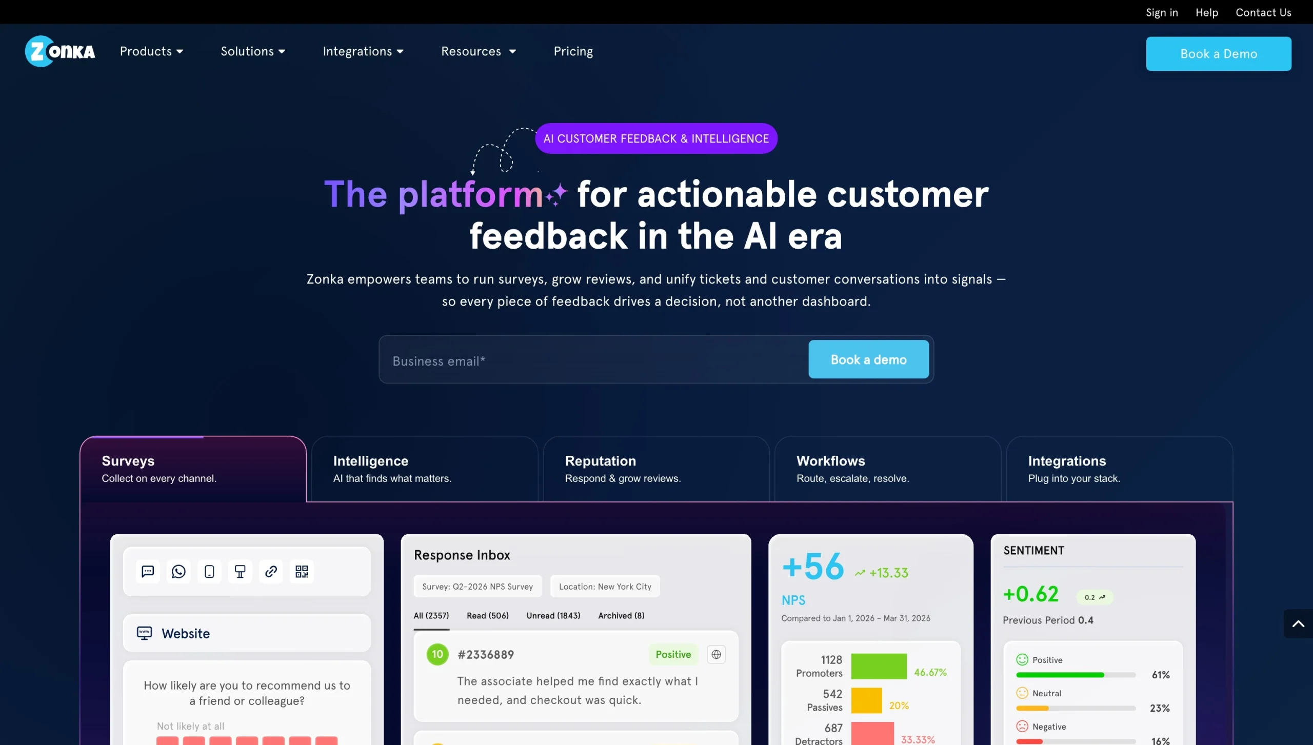 Zonka Feedback homepage showing AI-powered feedback intelligence and customer survey analytics