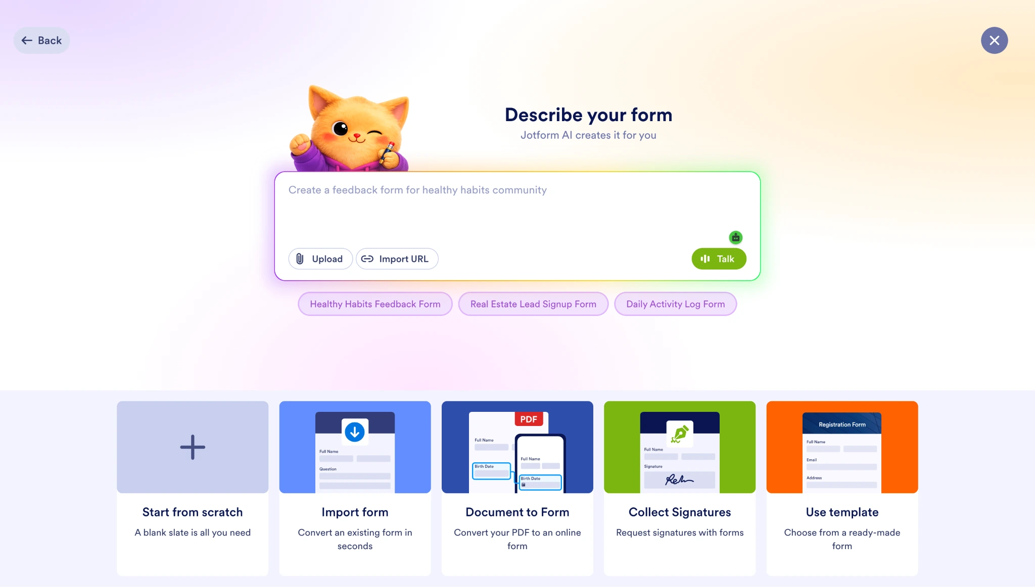 Jotform form creation screen with AI prompt and multiple starting options