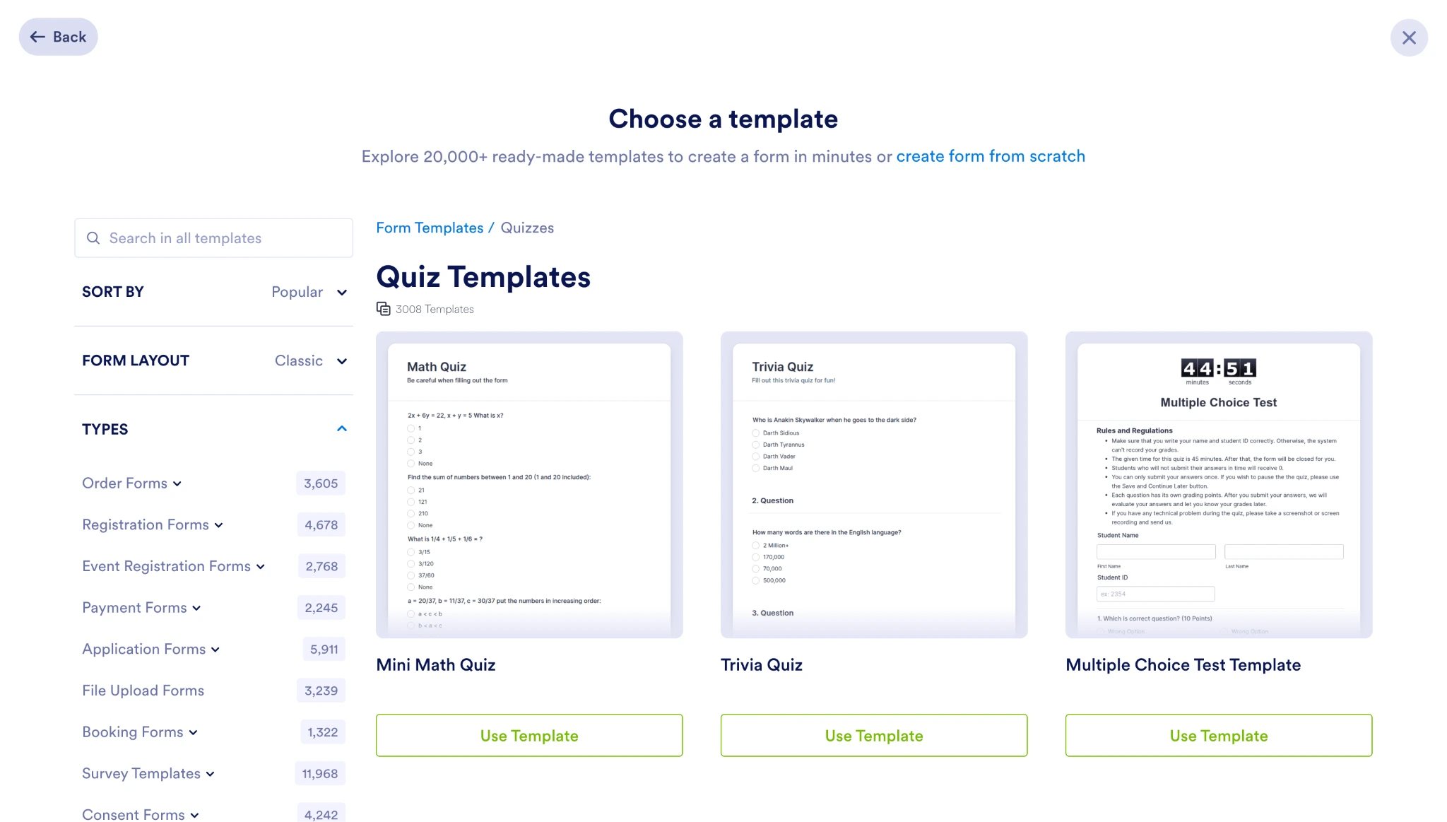 Jotform quiz template gallery showing math, trivia, and multiple choice templates