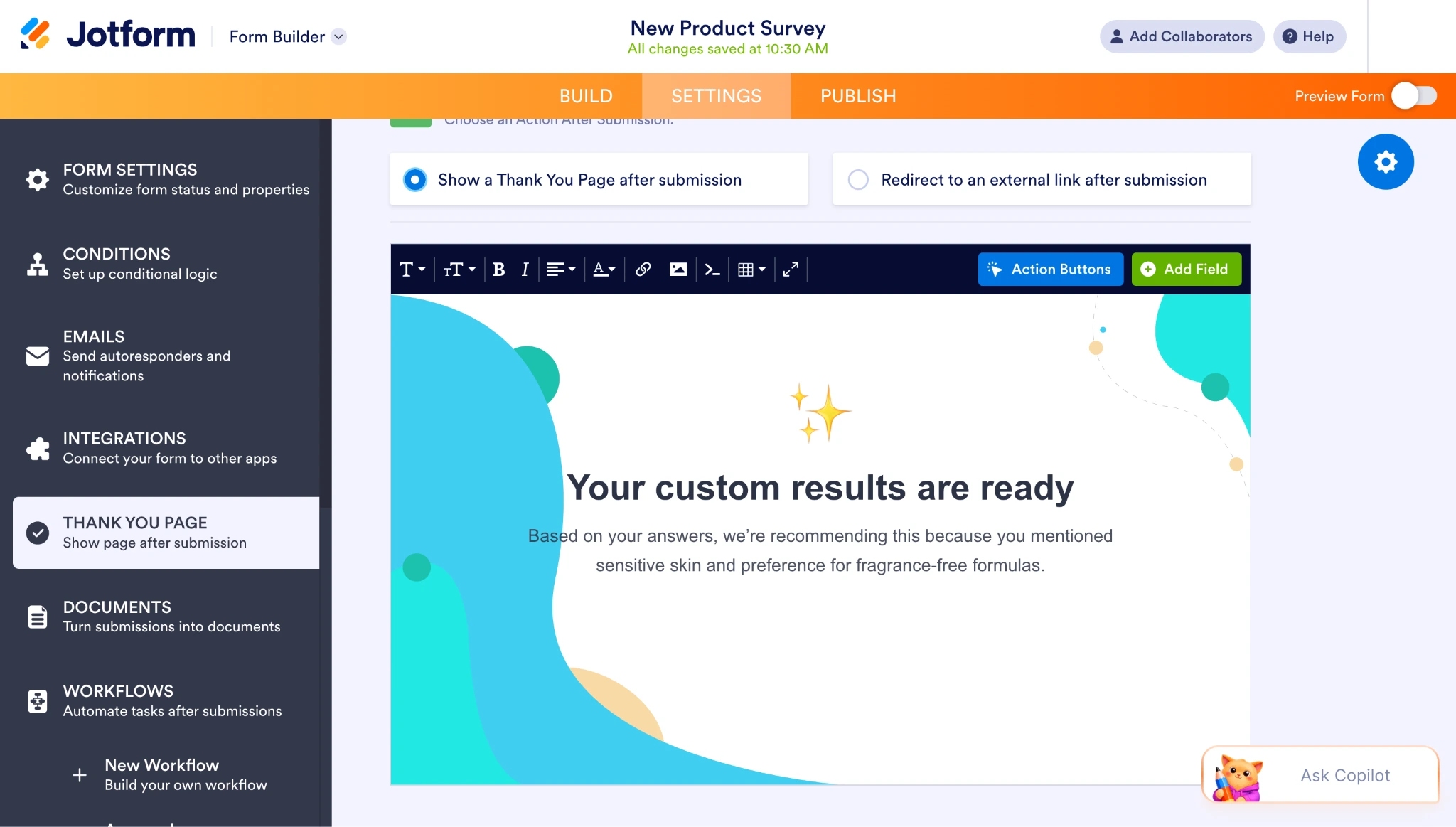 Jotform Thank You Page displaying a personalized product recommendation and explanation