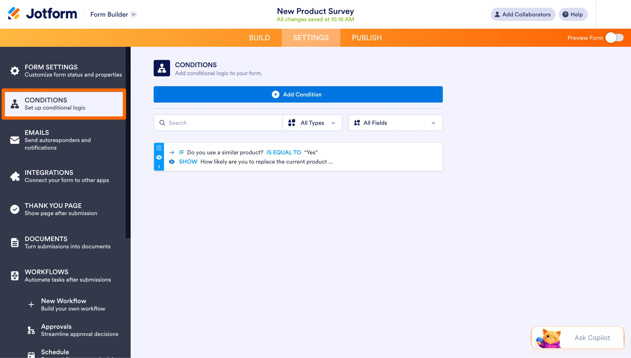 Jotform Conditions panel listing conditional logic for showing a follow-up question