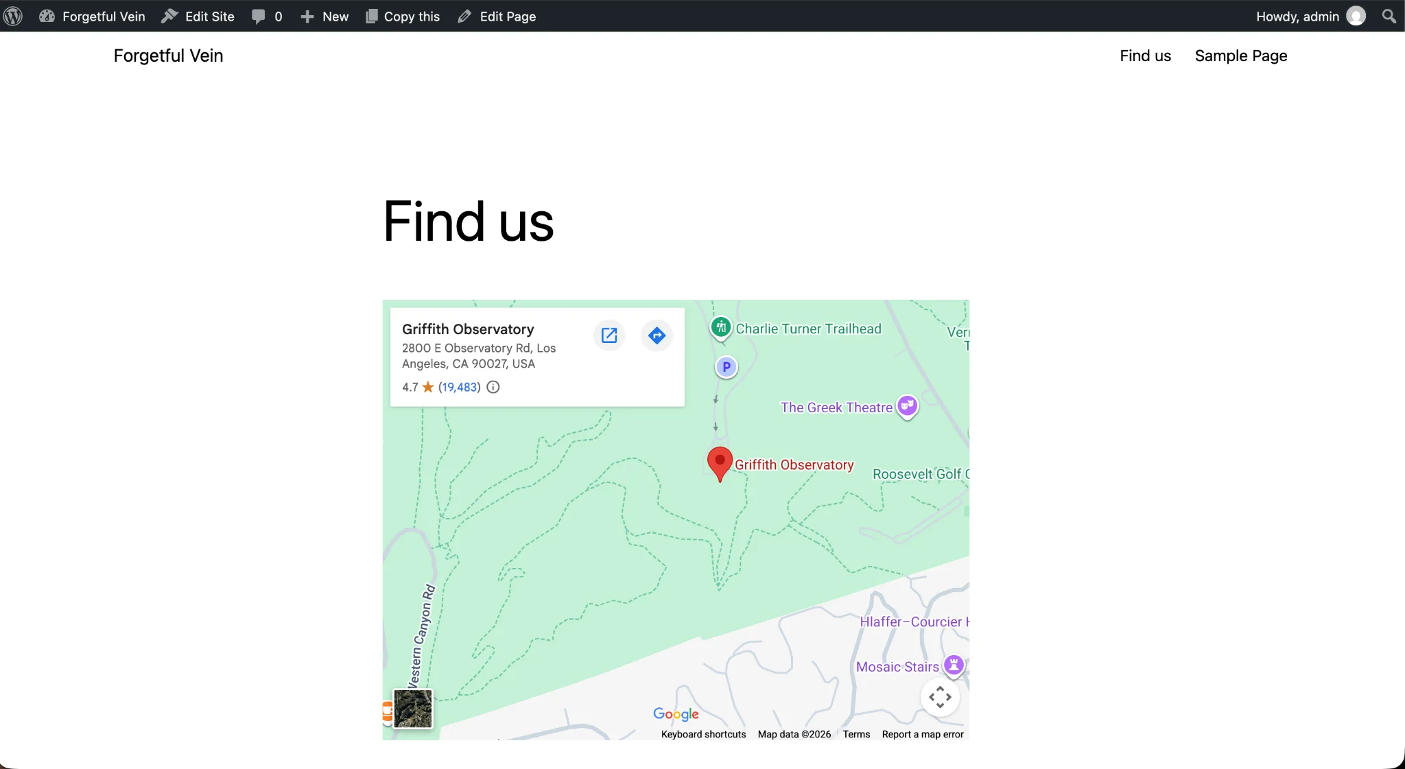 Published WordPress page displaying the embedded Google Map under Find us