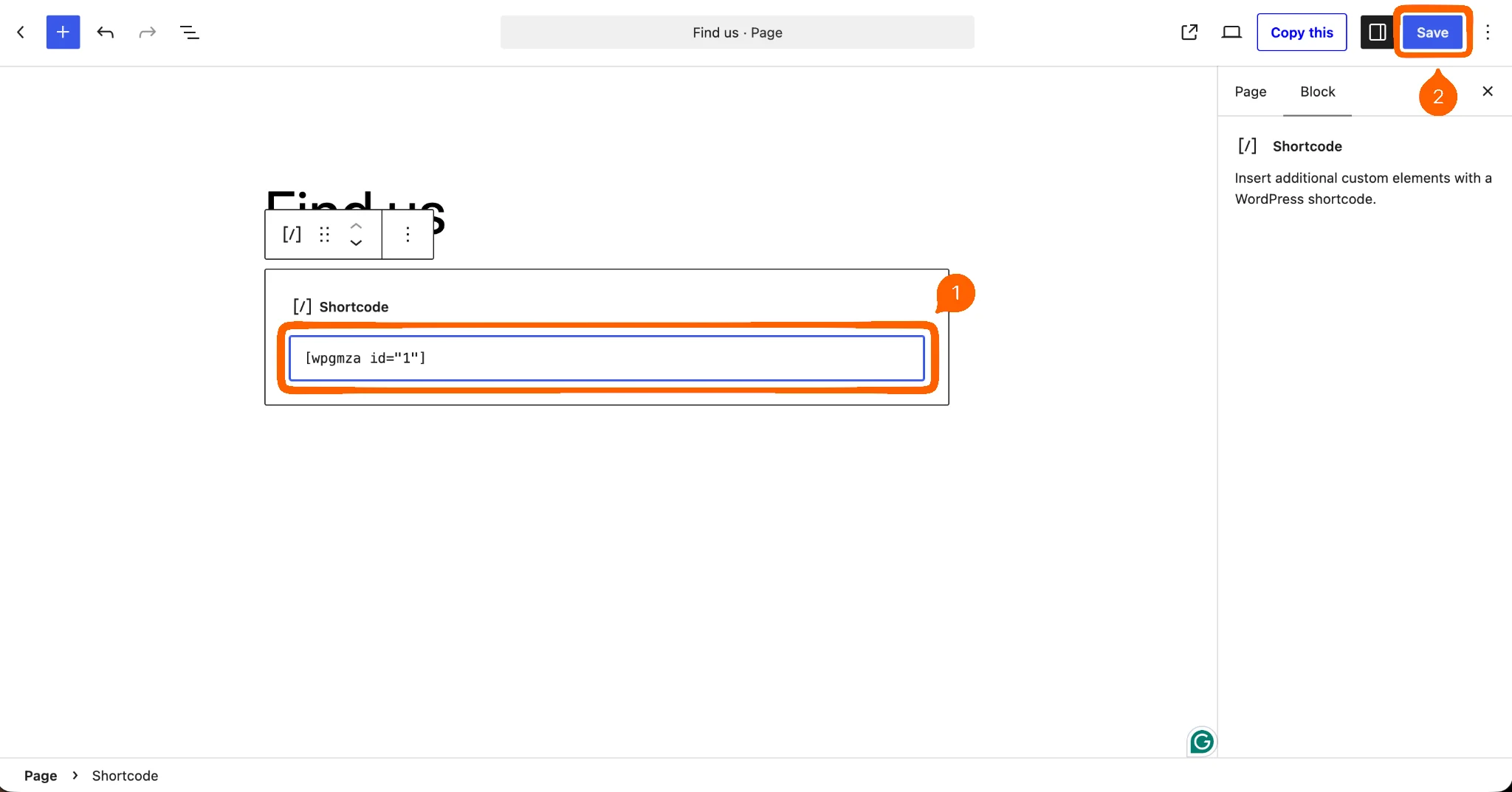 WordPress Shortcode block with the map shortcode entered and Save button highlighted