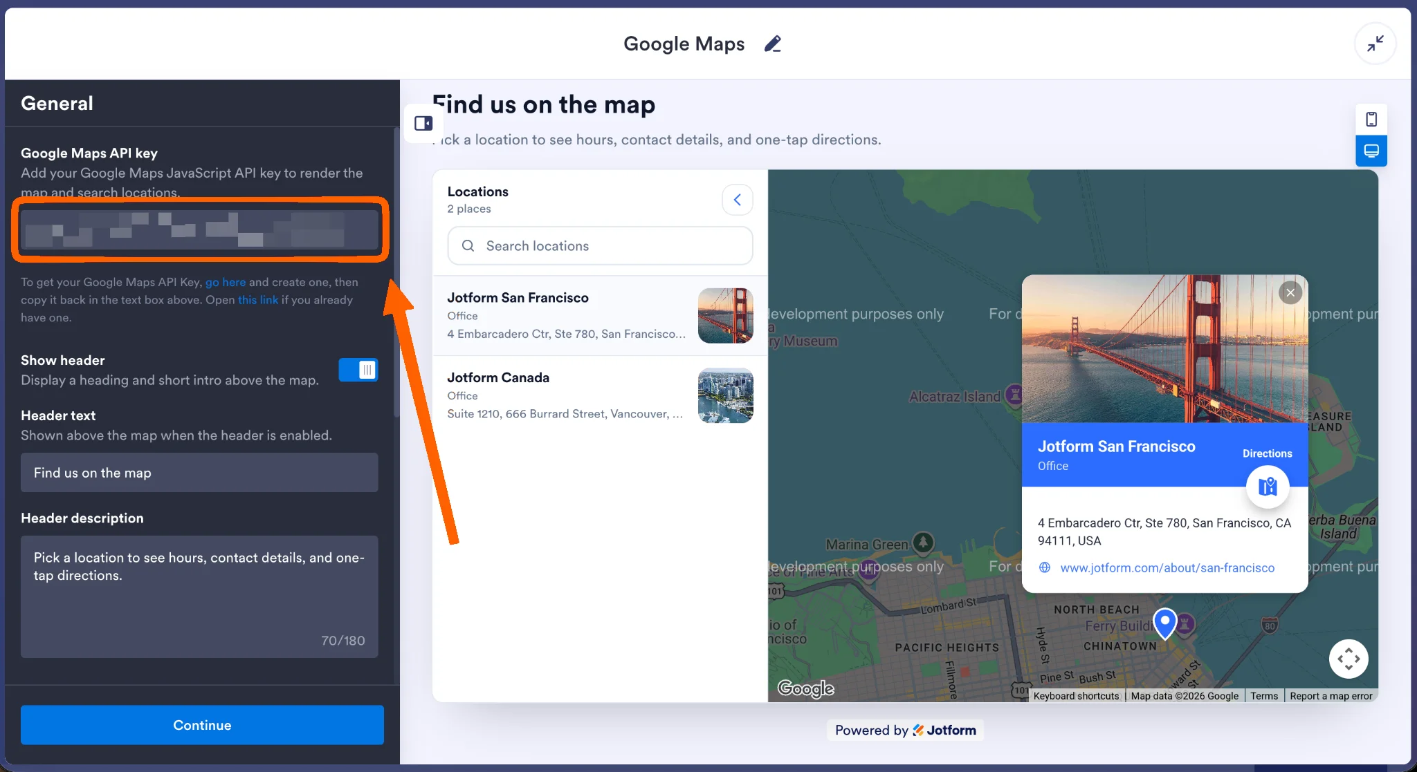 Jotform Google Maps Widget with the Google Maps API key field highlighted
