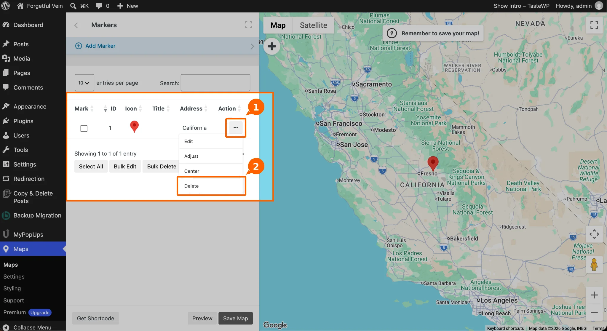 WP Go Maps marker list showing the actions menu and Delete option for a California marker