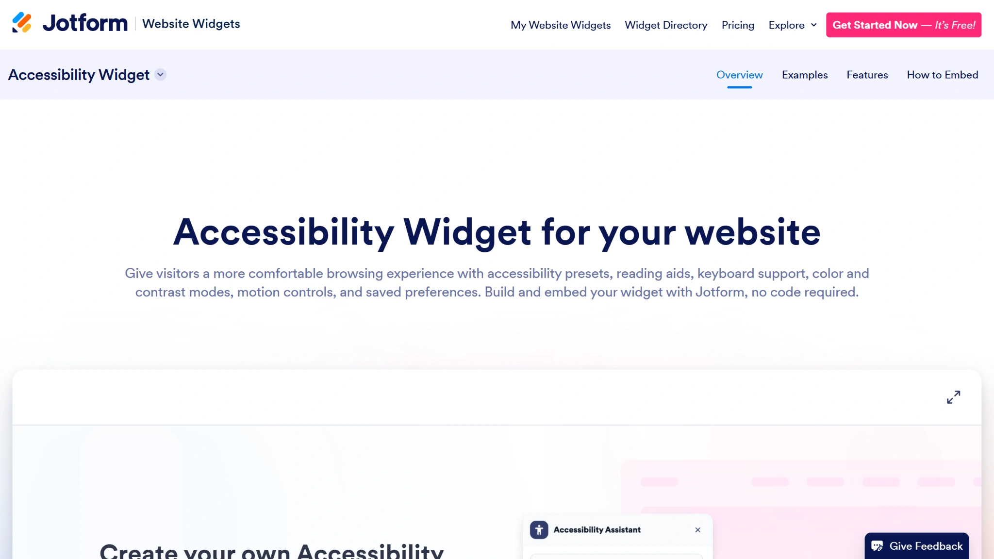 Screenshot of the Jotform Accessibility widget landing page