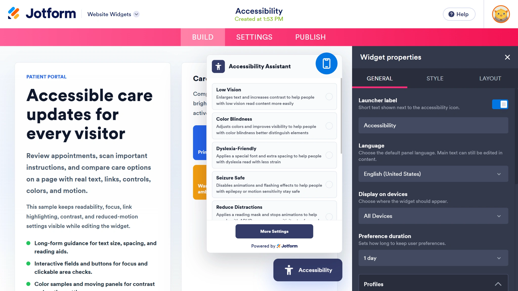 Screenshot of the Jotform Widget Builder with the Accessibility widget open on page
