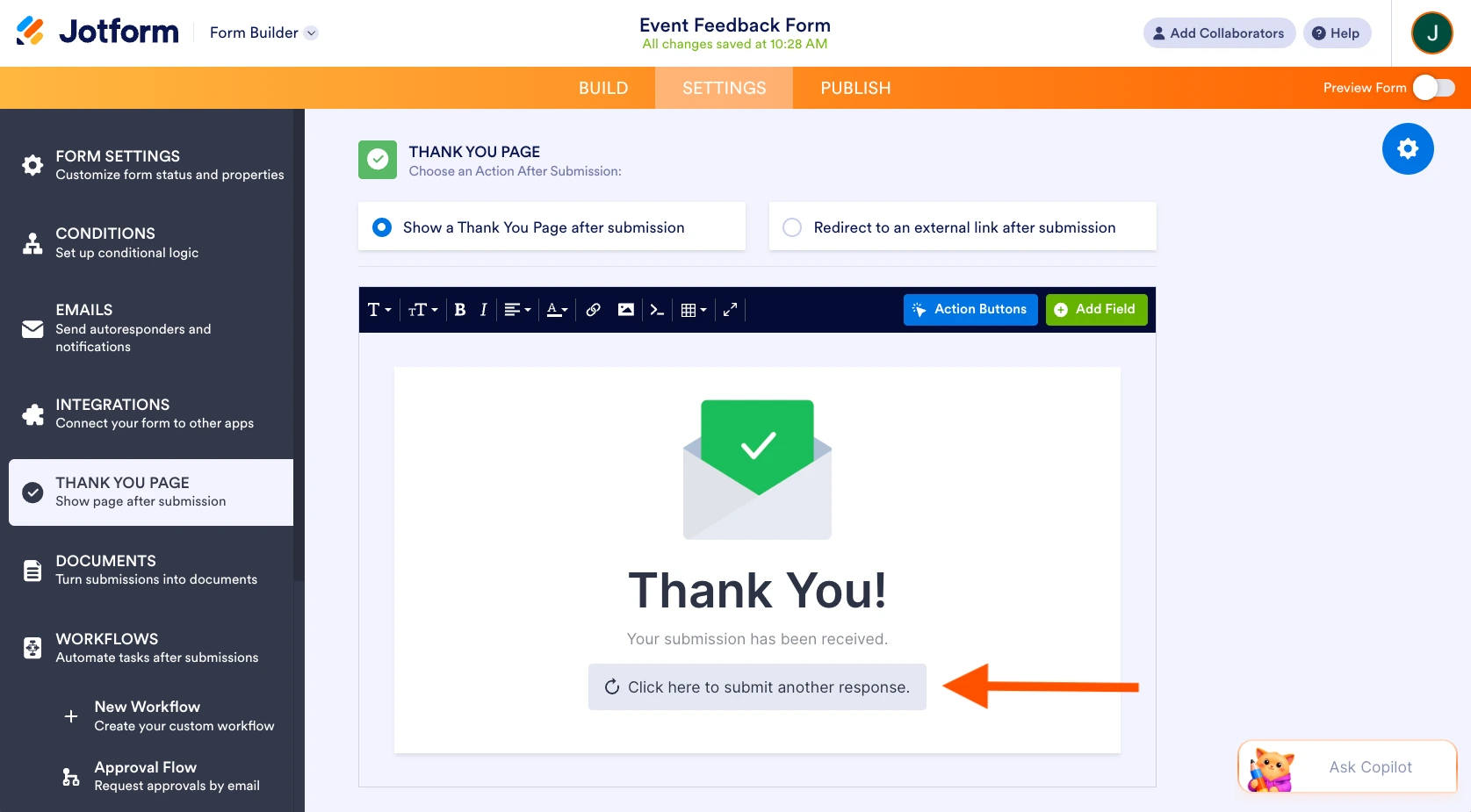 Jotform Form Builder interface showing the "Thank You Page" message with a "Click here to submit another response" button