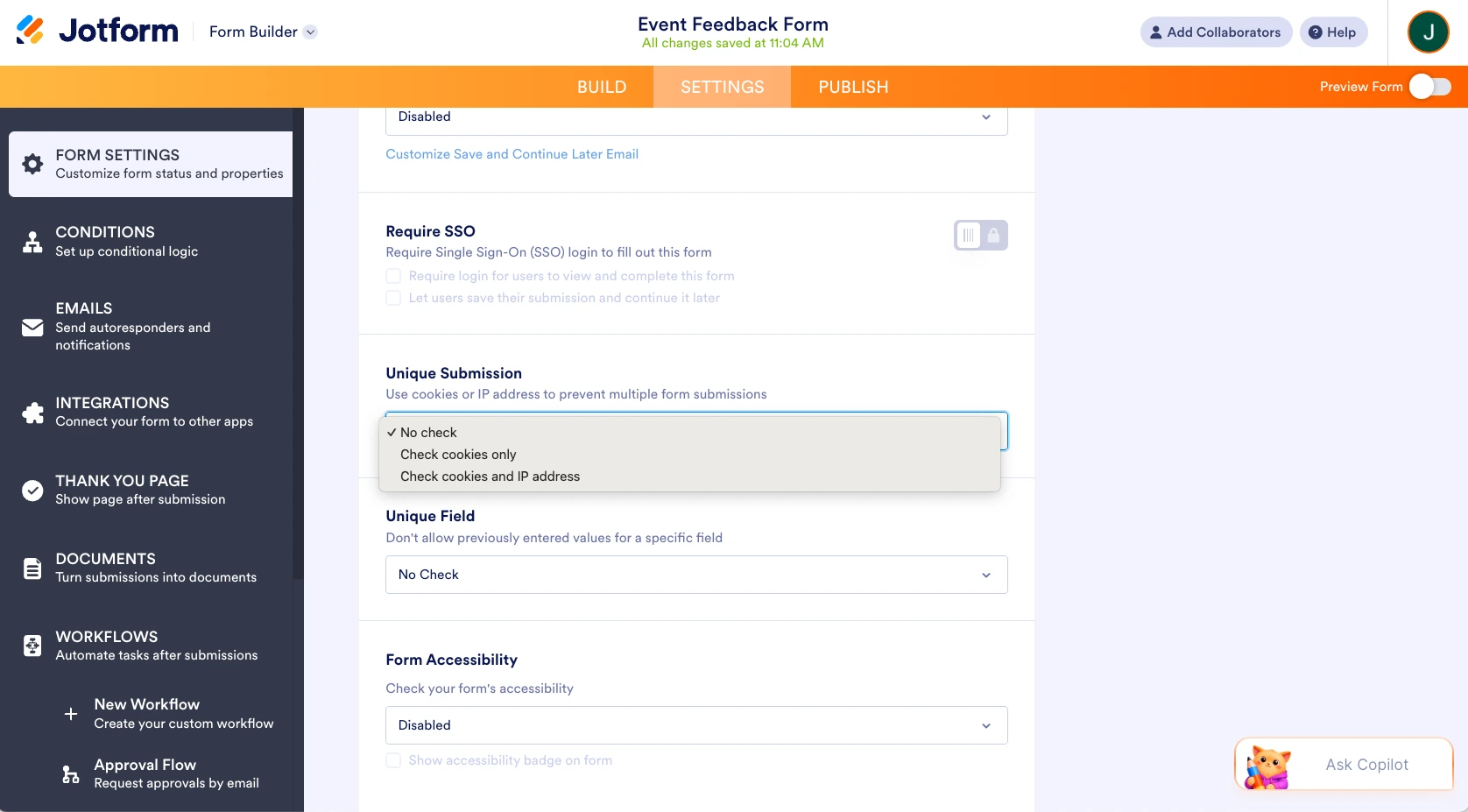 Jotform Form Builder interface showing the "Unique Submission" dropdown options in the "Form Settings" menu