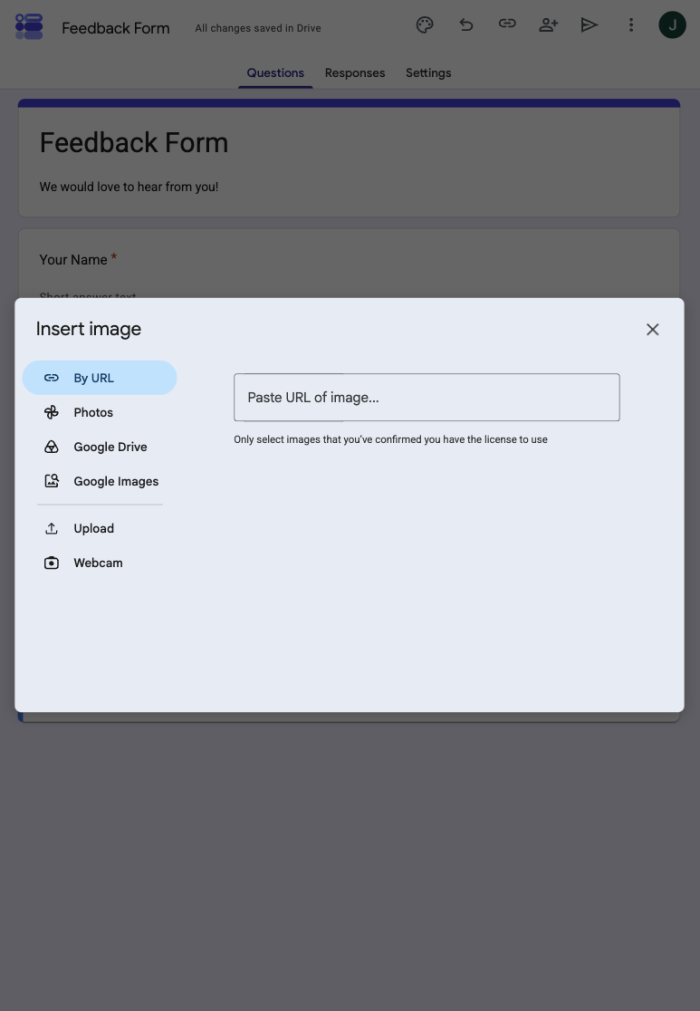 Google Forms Insert image window on iPad