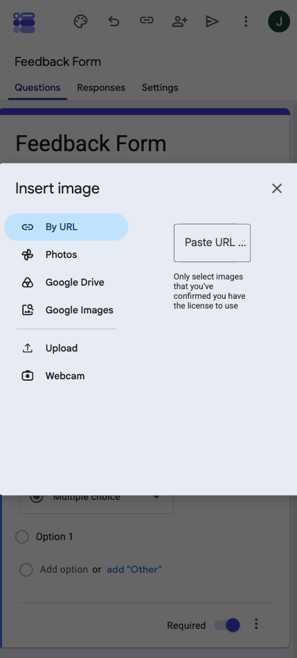 Google Forms Insert image window on iPhone