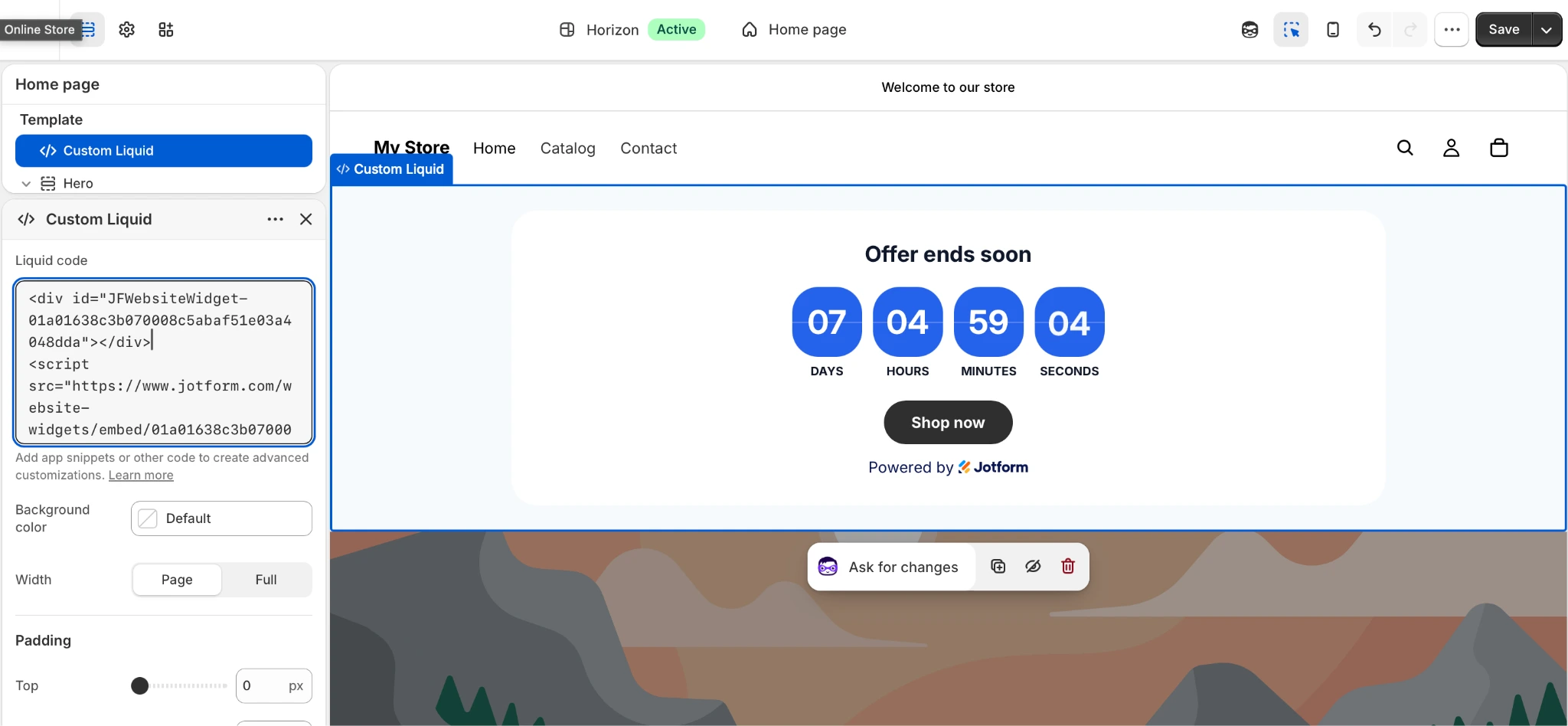 Shopify theme editor with Jotform countdown timer embedded using Custom Liquid
