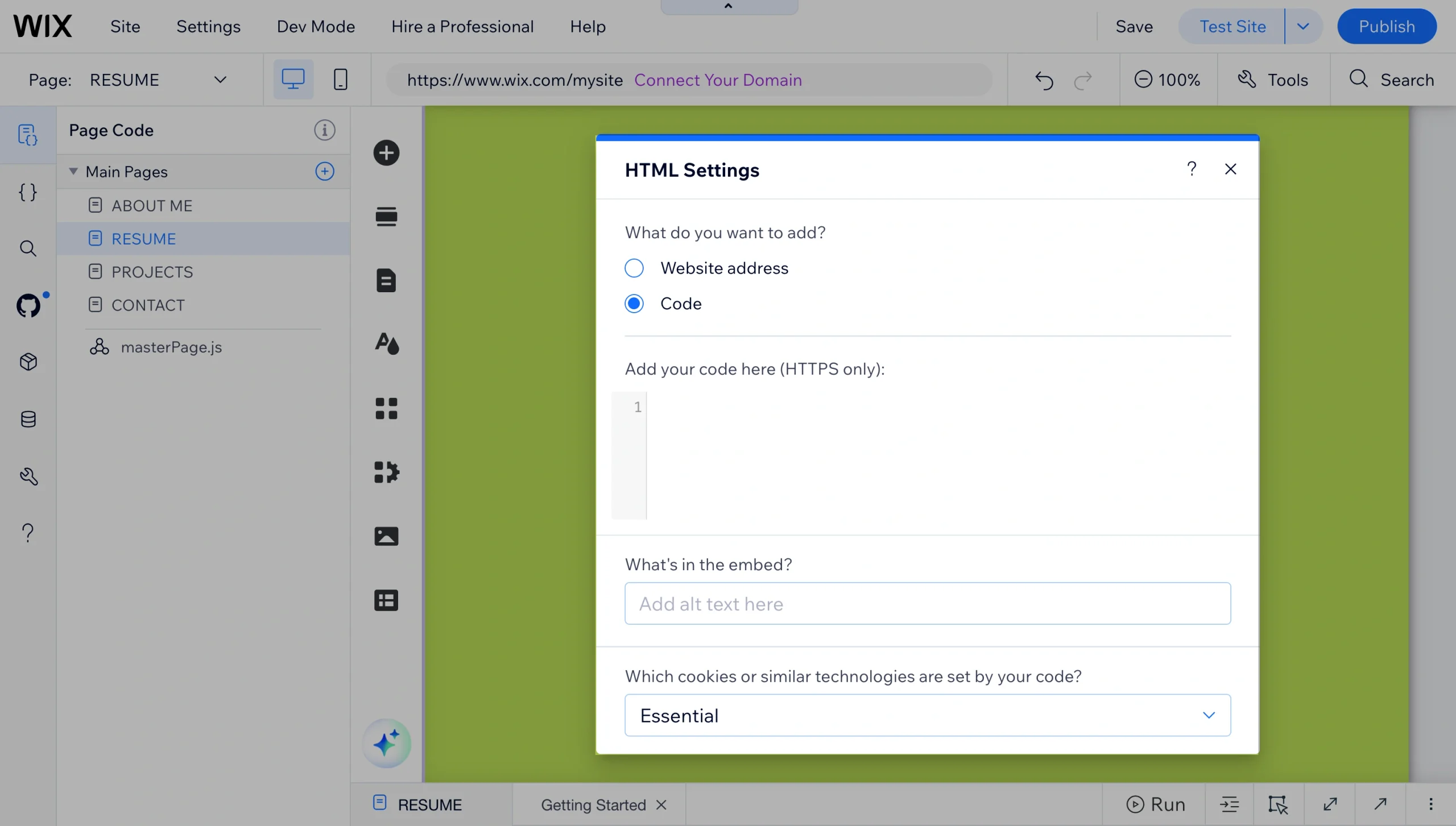 Pannello Impostazioni HTML di Wix per incorporare codice personalizzato per lo slider di confronto immagini