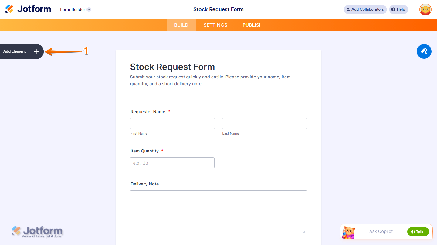 Jotform Form Builder with the Add Element button visible on the left side of the page for adding a new form element