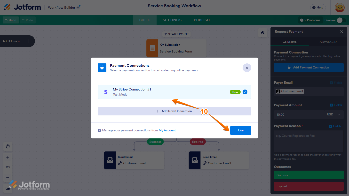 Jotform Payment Connections window showing the newly added Stripe payment connection selected, with the Use button at the bottom to apply the connection