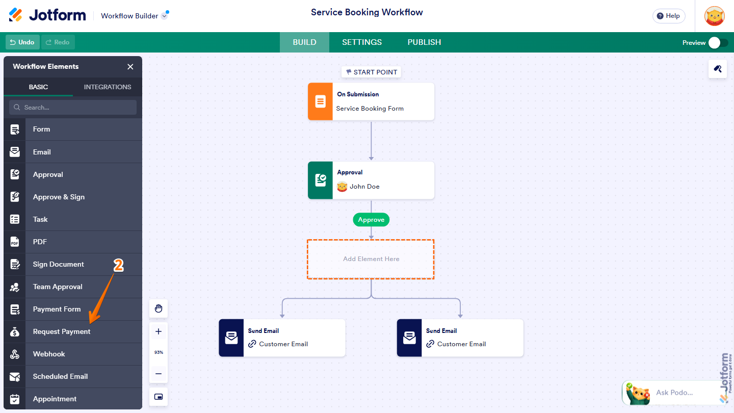 Jotform Workflow Builder showing the Workflow Elements menu under the Basic tab, with the Request Payment element being dragged to the Add Element Here placeholder in the workflow