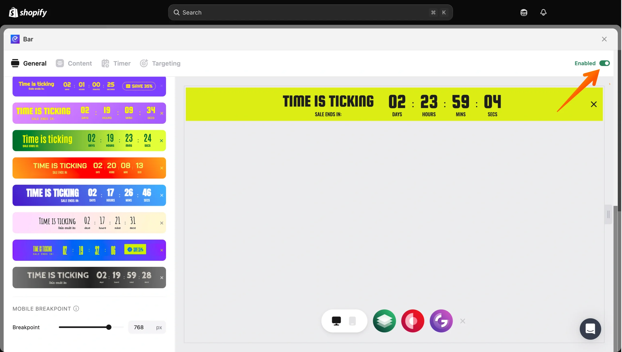Countdown timer widget dashboard with Enabled toggle highlighted