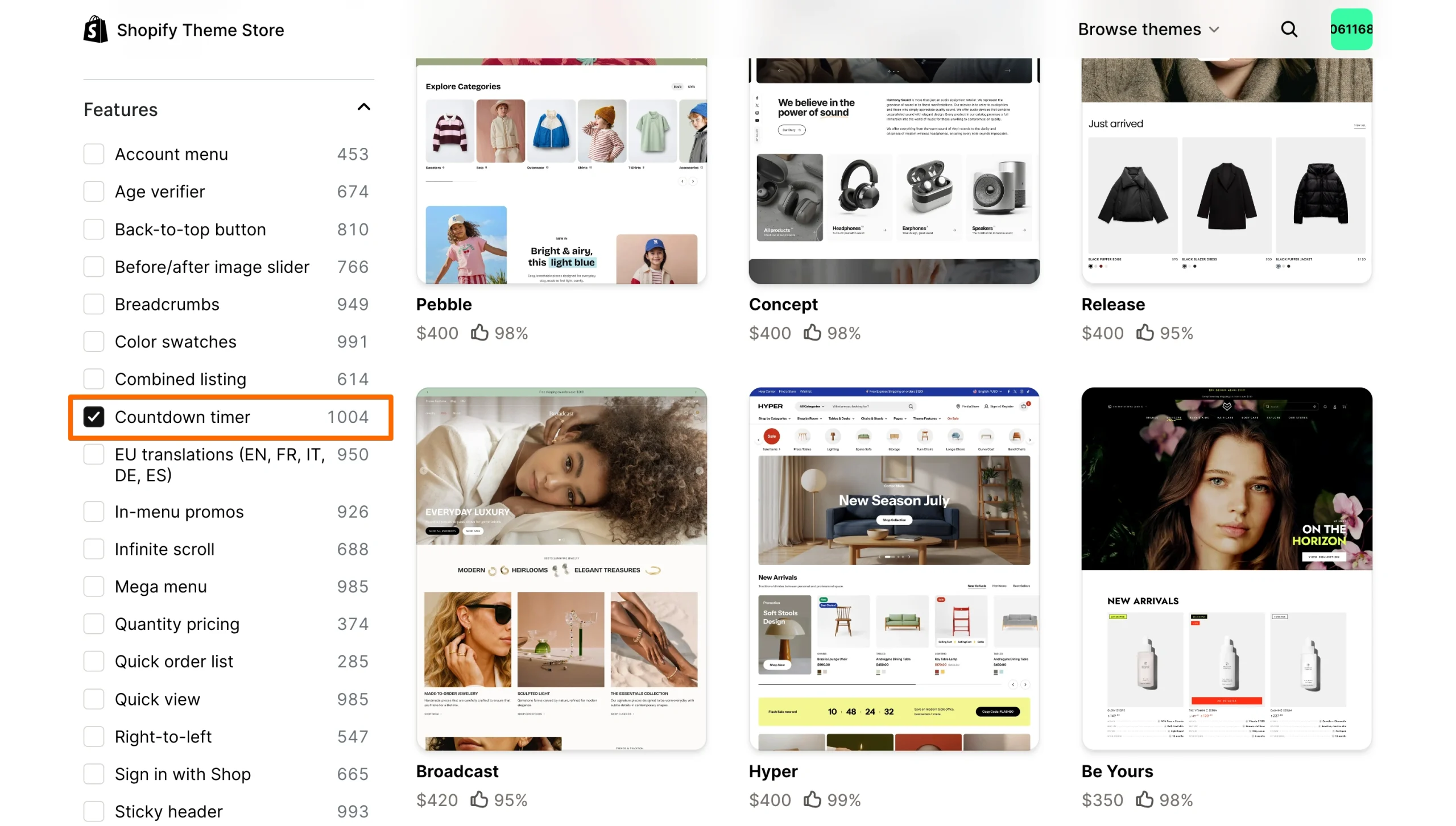Shopify Theme Store page with the "Countdown timer" feature filter selected