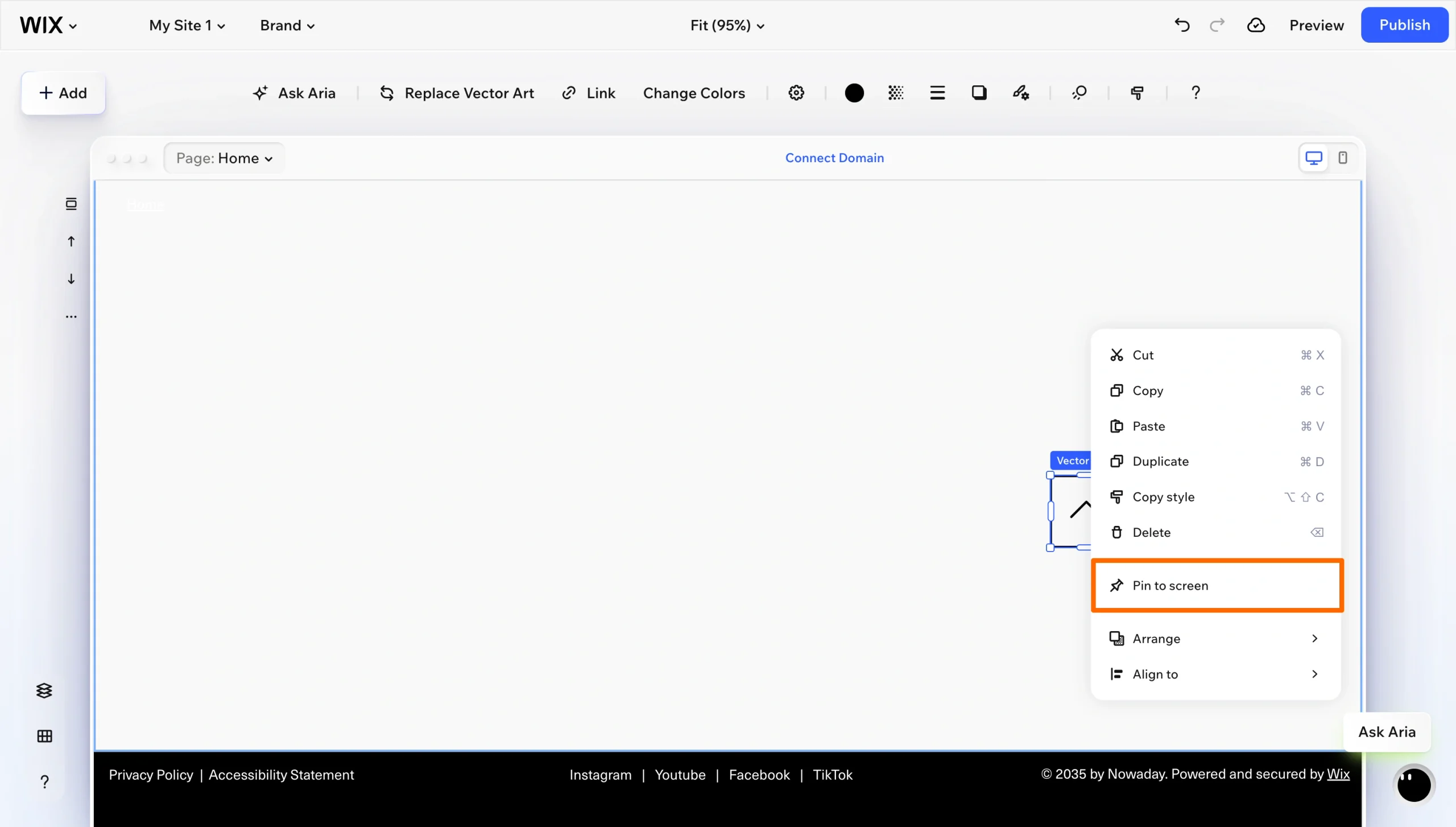 Wix Editor context menu highlighting the Pin to screen option