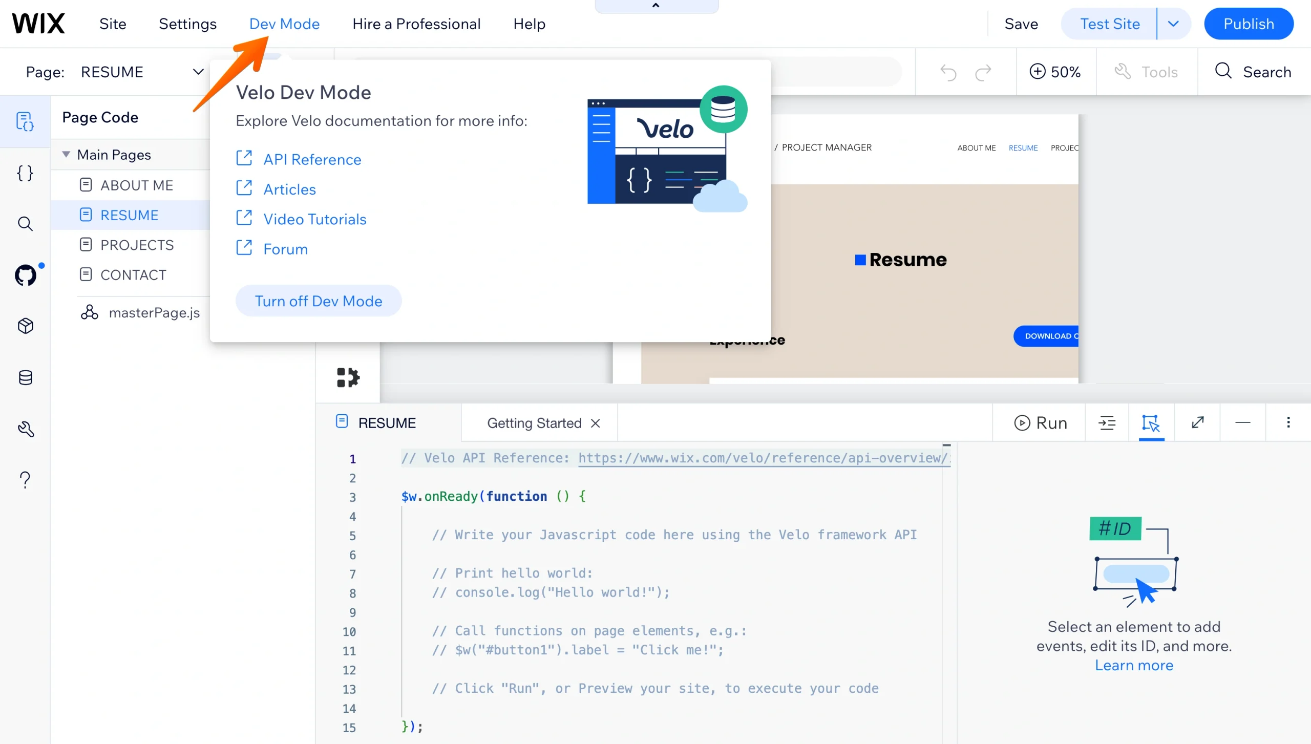 Menu Dev Mode dell'Editor Wix attivato per aggiungere codice personalizzato al sito