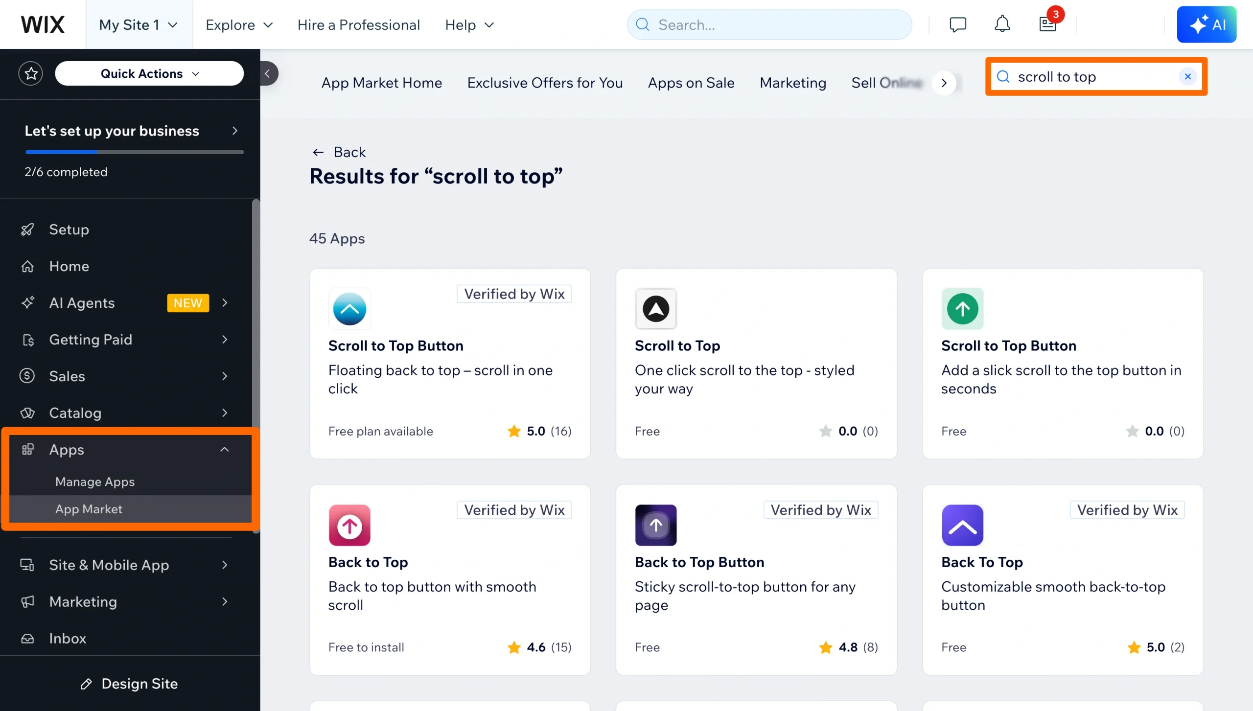 Wix App Market search results for scroll-to-top button apps