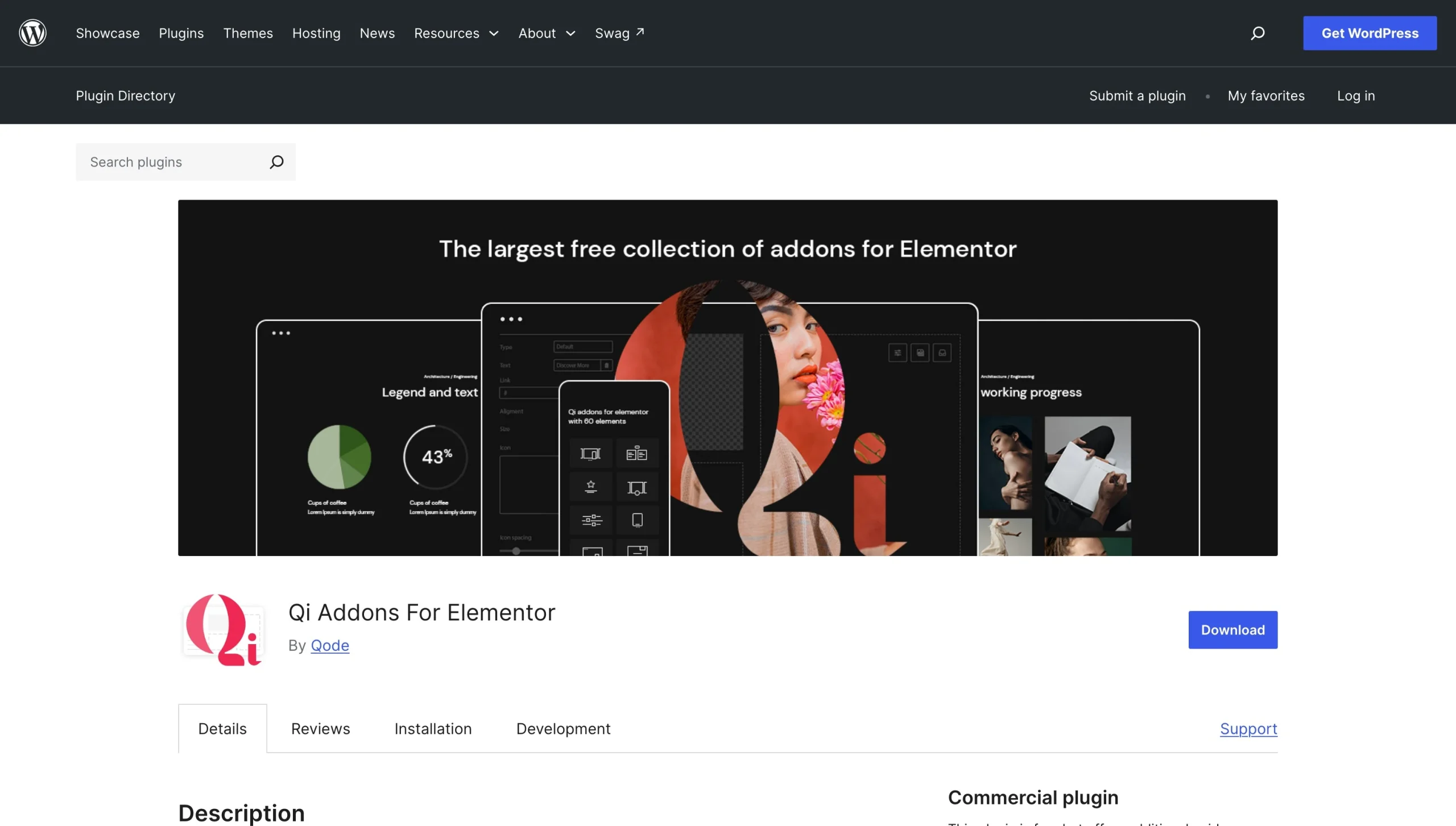 WordPress Plugin Directory page for Qi Addons for Elementor with download button