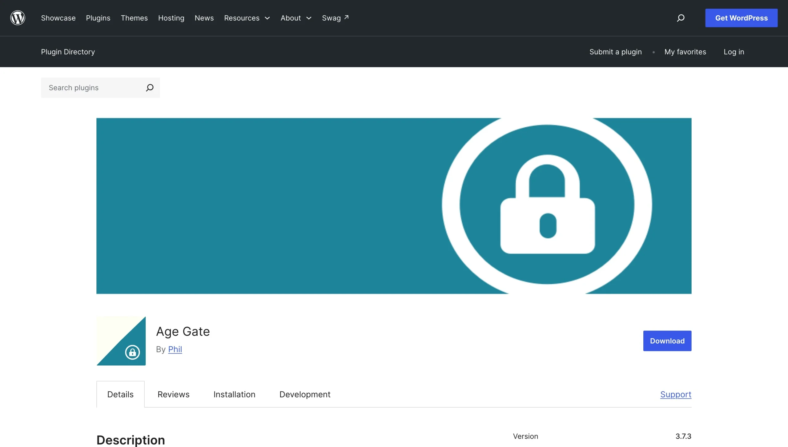 Age Gate plug-in page in the WordPress directory featuring its padlock logo