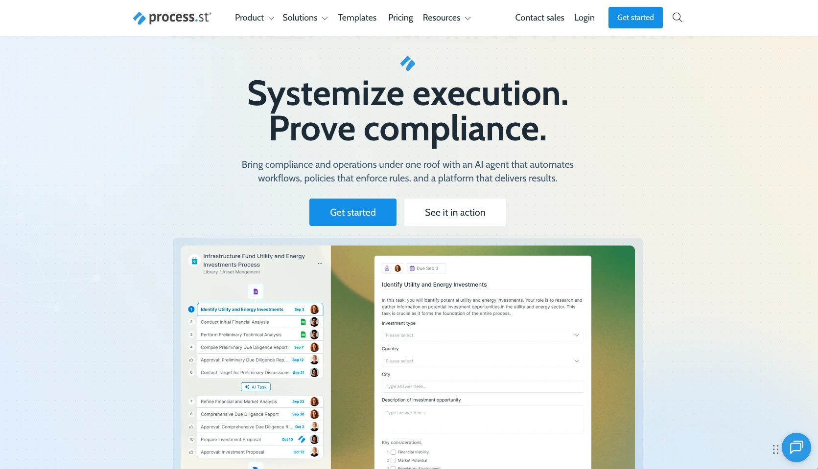 Screenshot of the Process Street landing page, showing a headline "Systemize execution