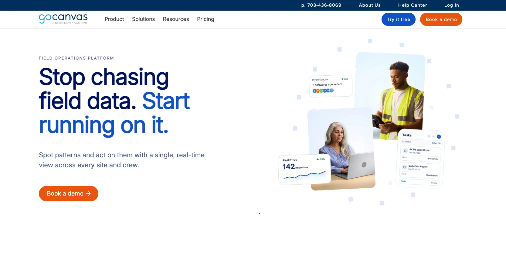 Screenshot of the GoCanvas landing page, showing a headline "Stop chasing field data