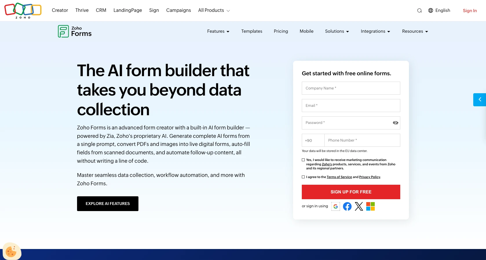 Screenshot of the Zoho Forms landing page, showing a headline "The AI form builder that takes you beyond data collection"