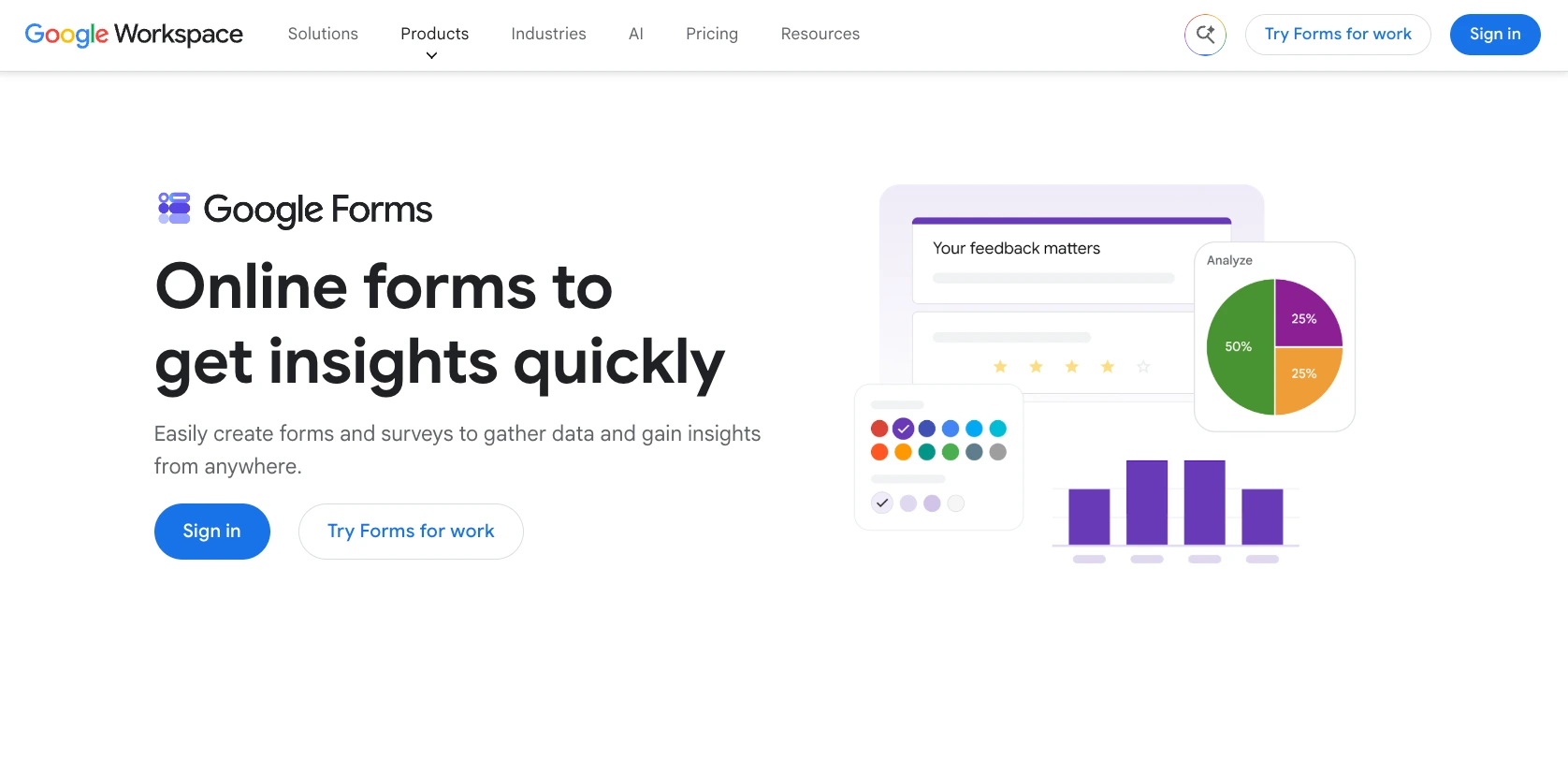 Google Forms homepage showcasing online form creation, response collection, and data visualization